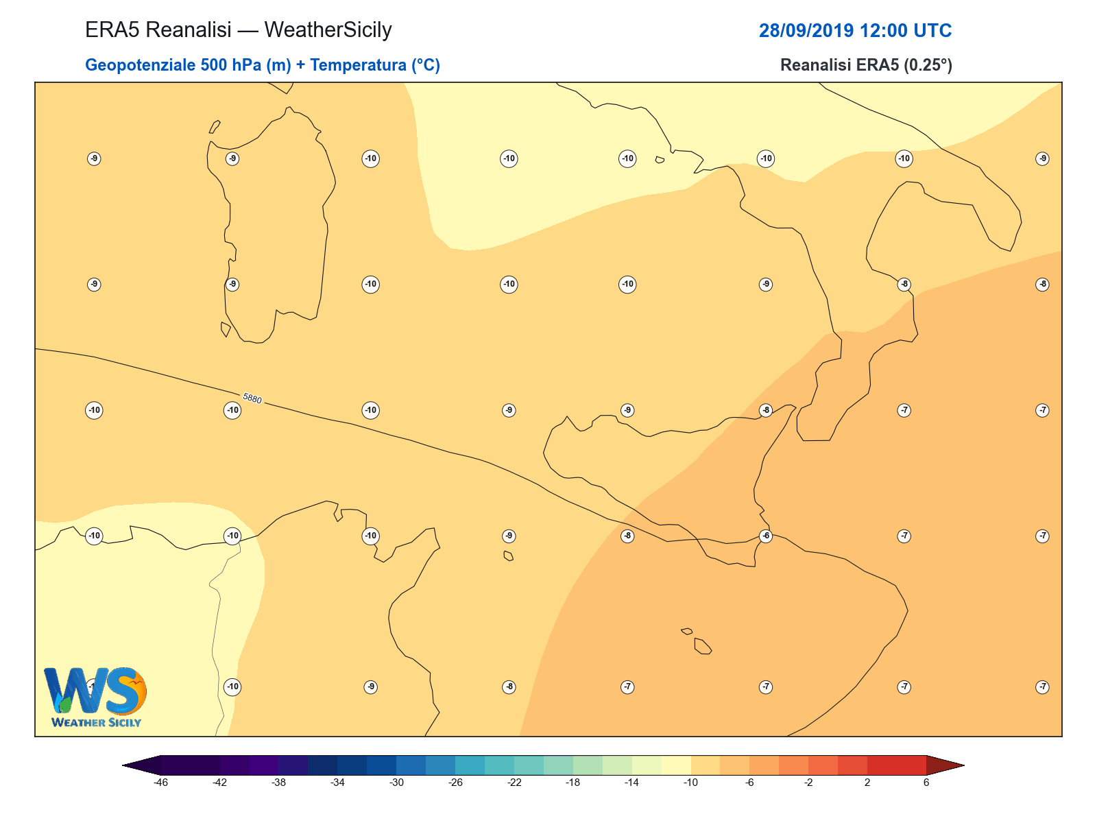 Geopotenziale 500 hPa + Temperatura · 2019092812