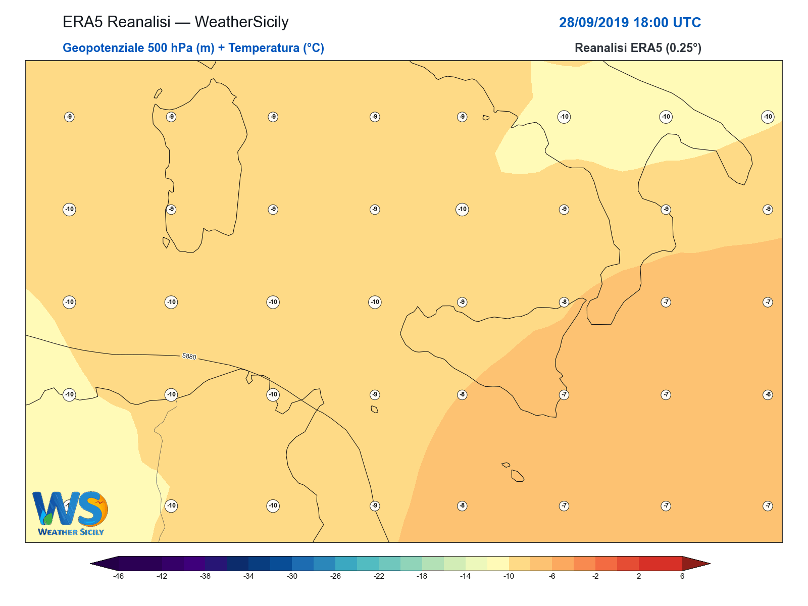 Geopotenziale 500 hPa + Temperatura · 2019092818