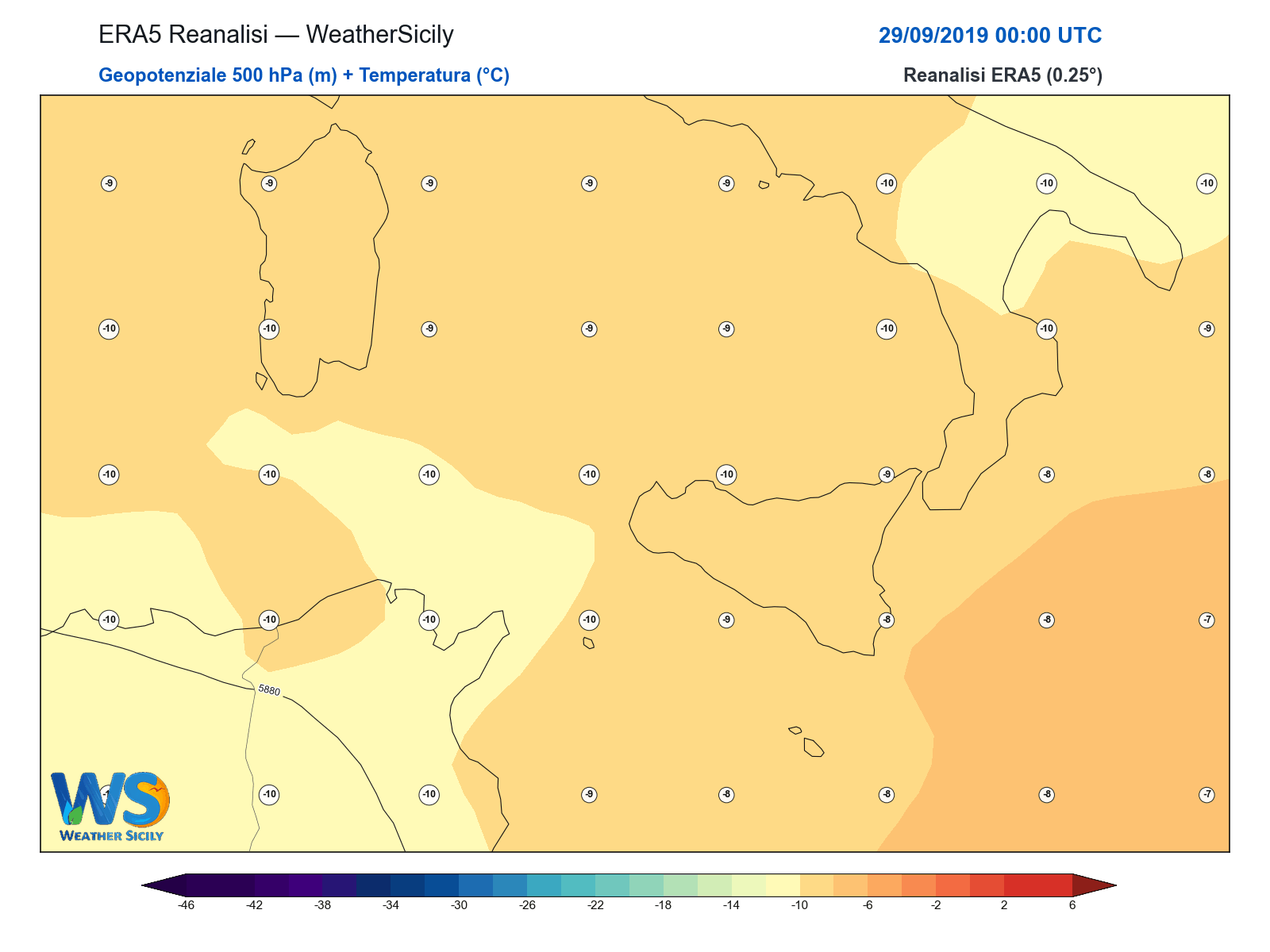 Geopotenziale 500 hPa + Temperatura · 2019092900