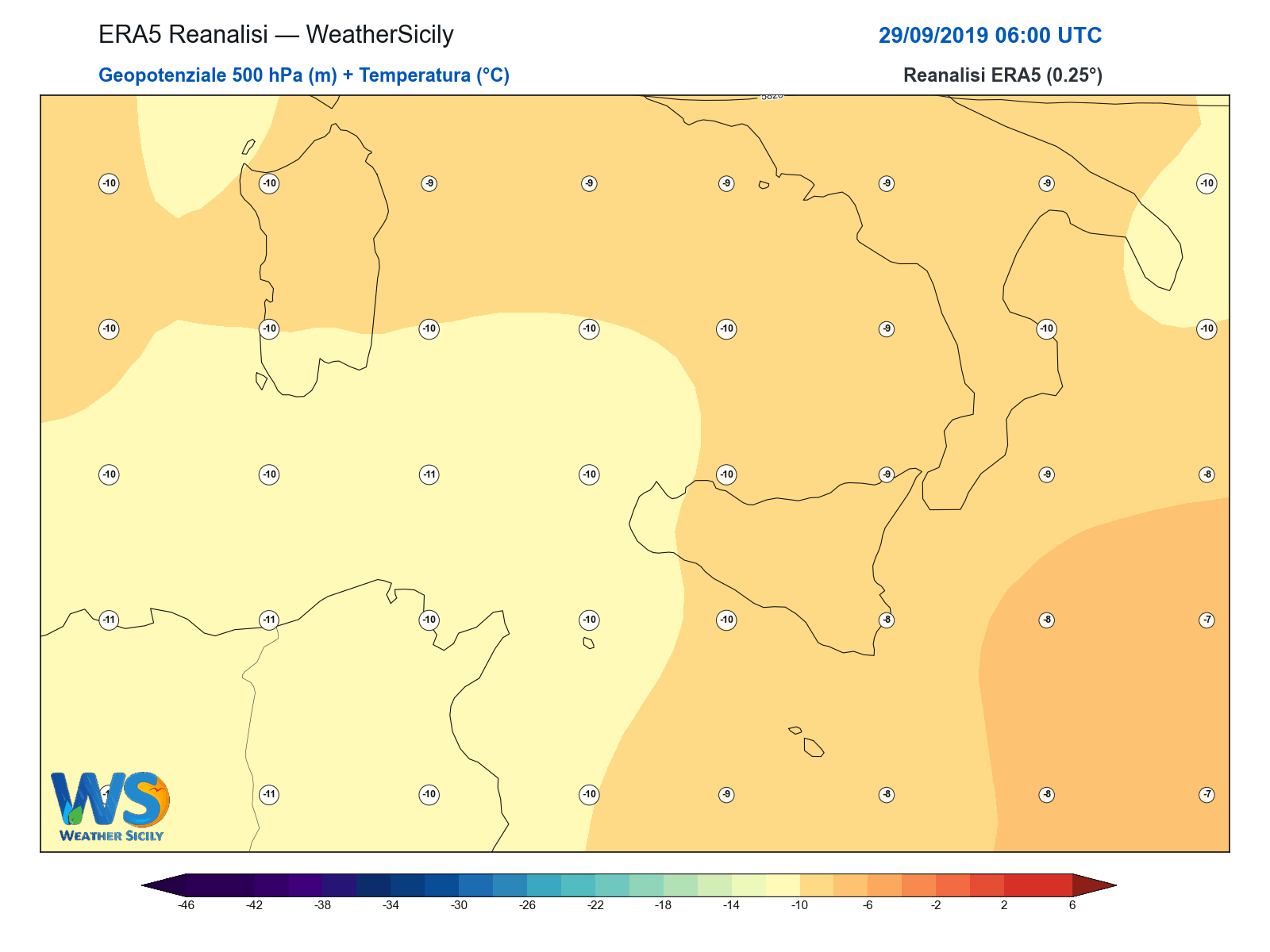 Geopotenziale 500 hPa + Temperatura · 2019092906