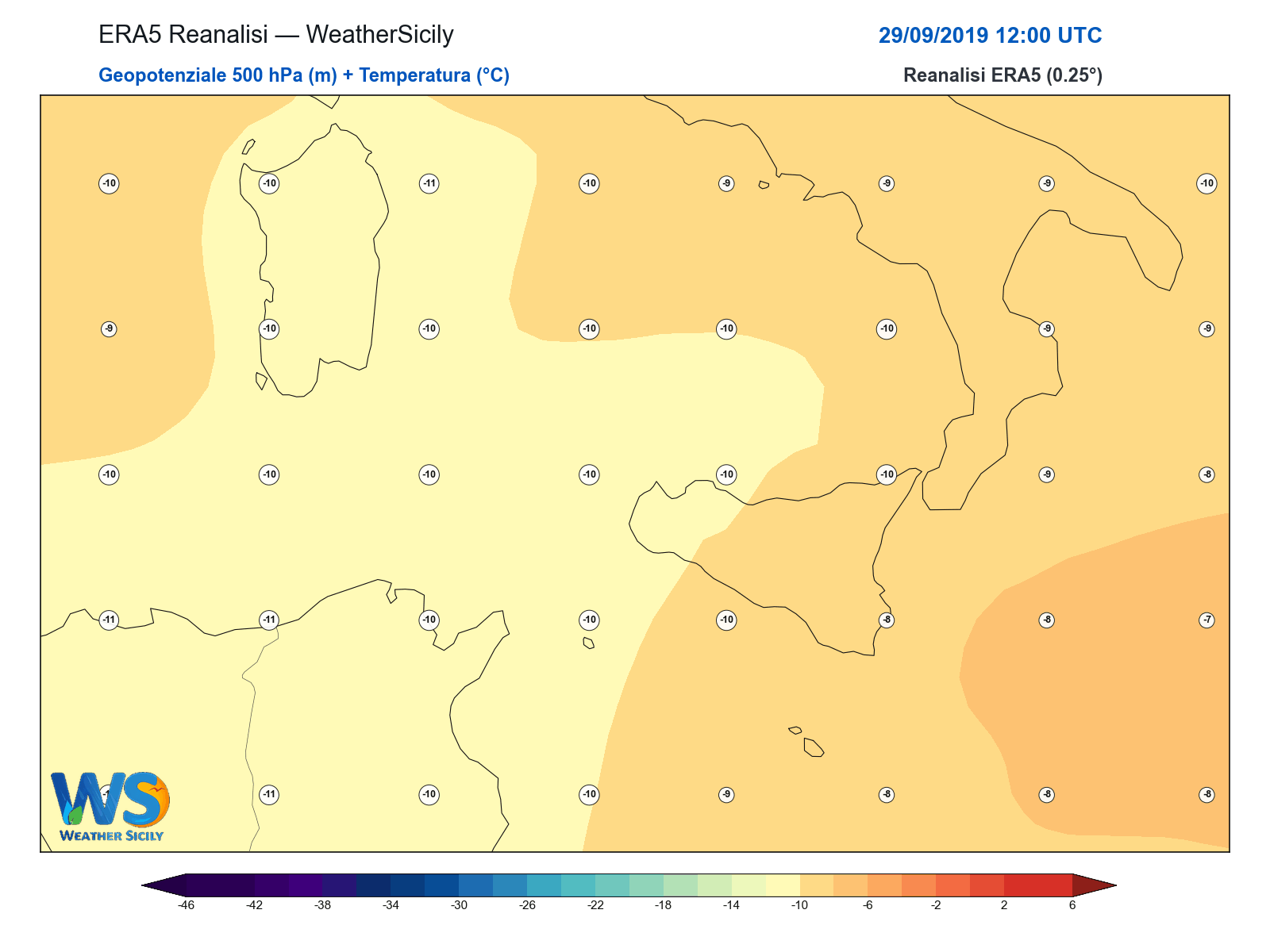 Geopotenziale 500 hPa + Temperatura · 2019092912