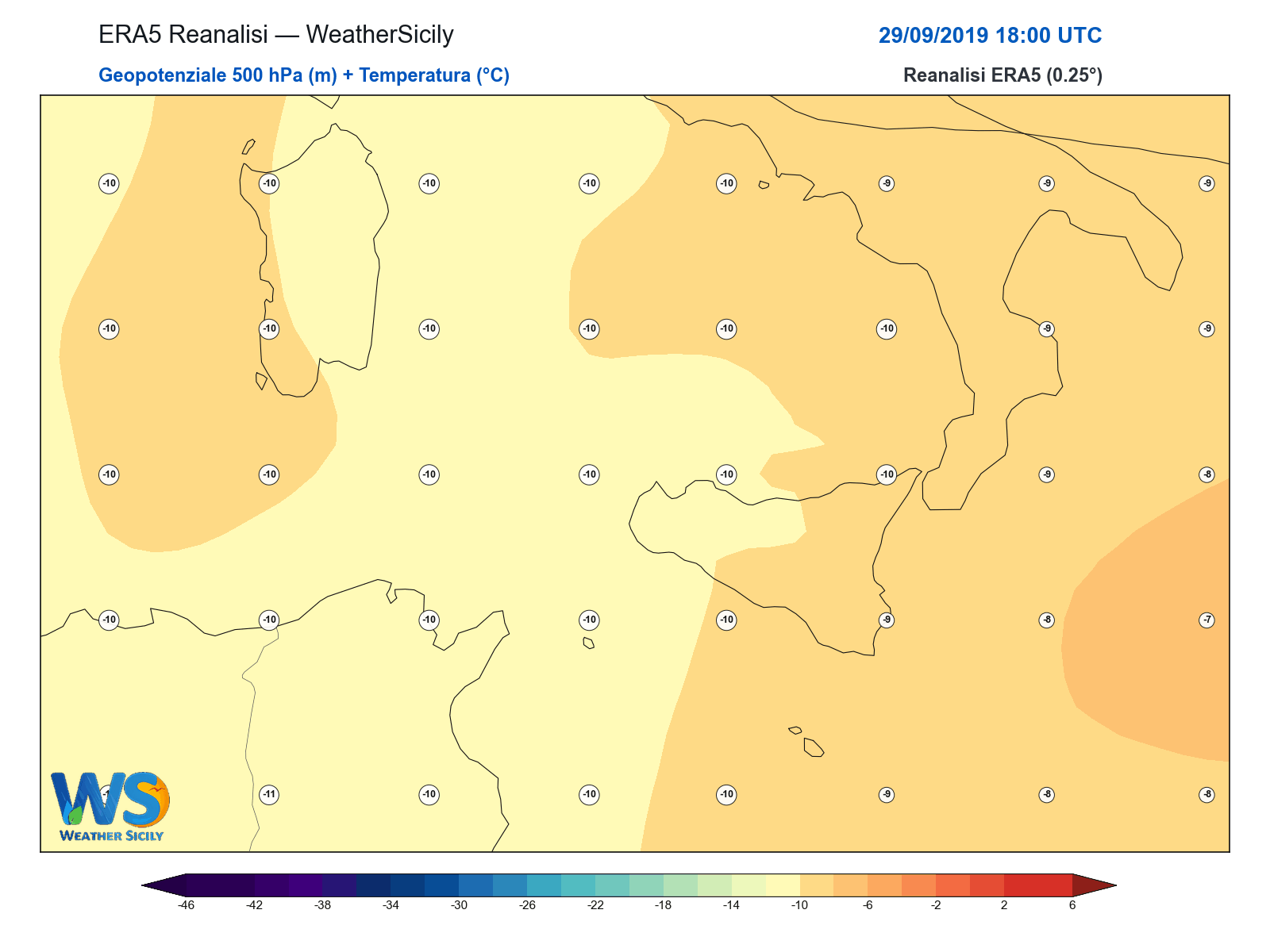 Geopotenziale 500 hPa + Temperatura · 2019092918