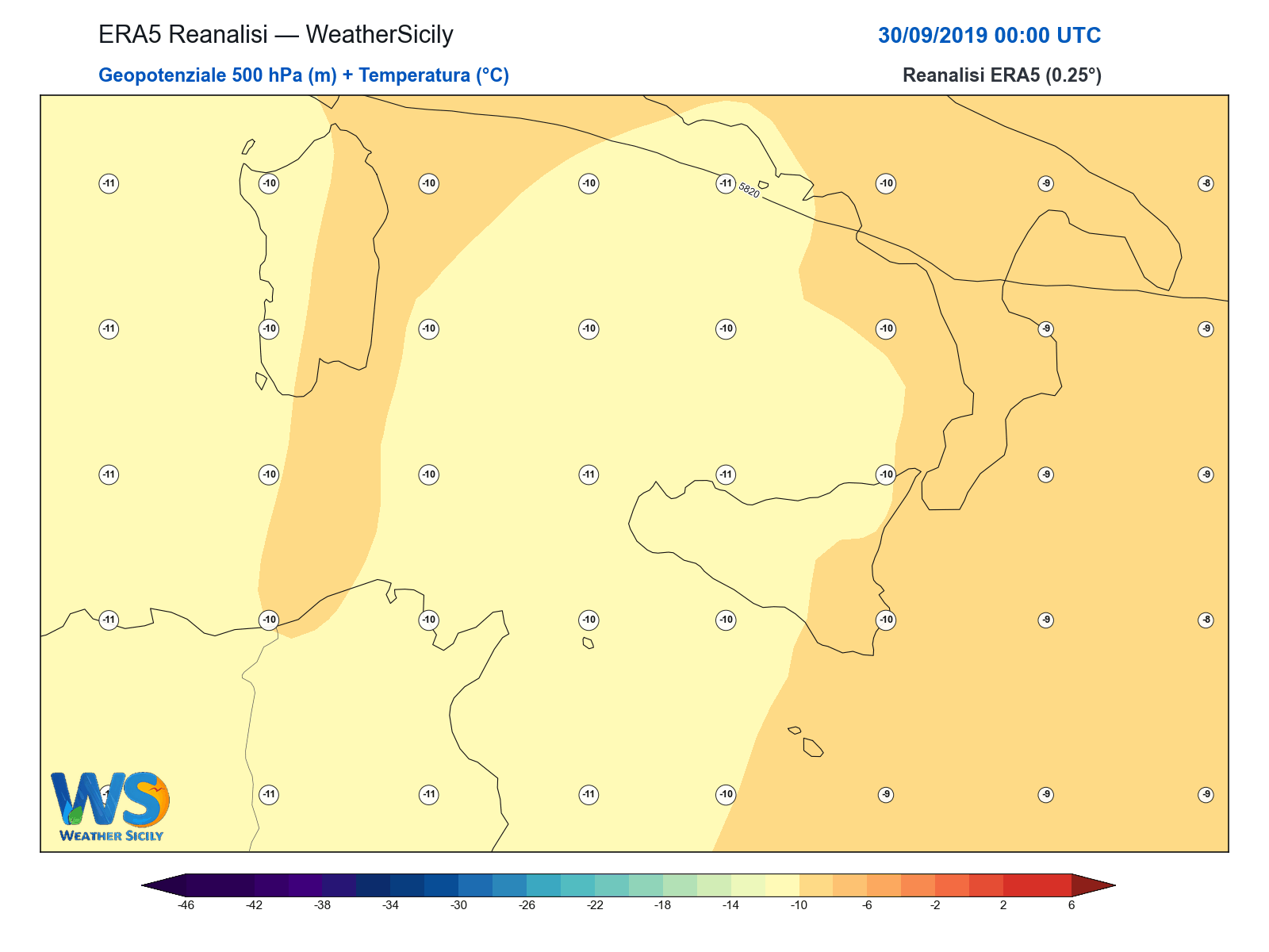Geopotenziale 500 hPa + Temperatura · 2019093000