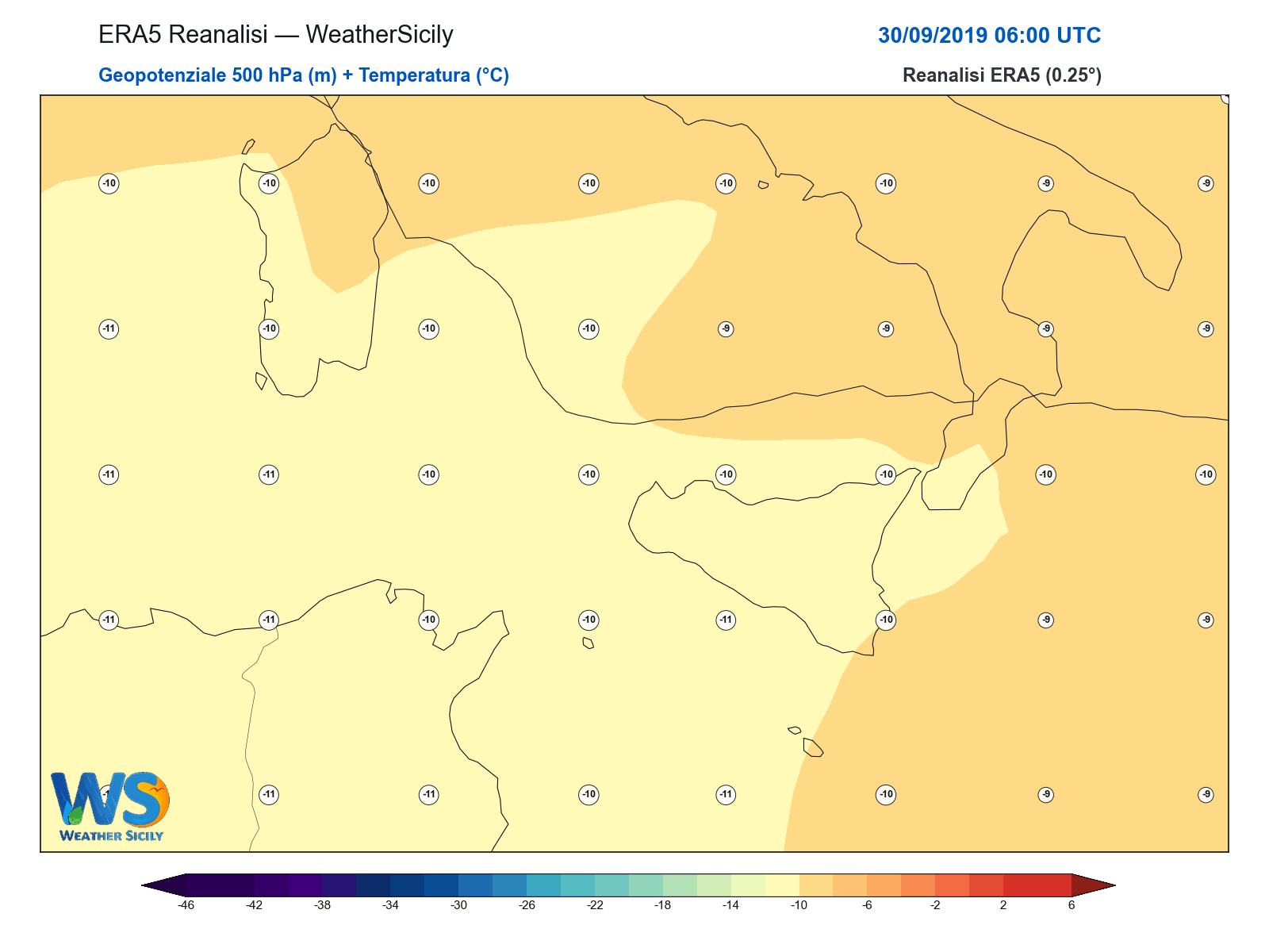 Geopotenziale 500 hPa + Temperatura · 2019093006