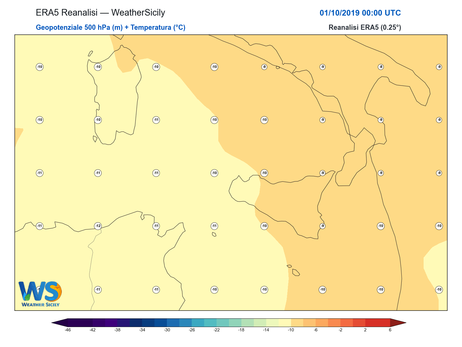 Geopotenziale 500 hPa + Temperatura · 2019100100