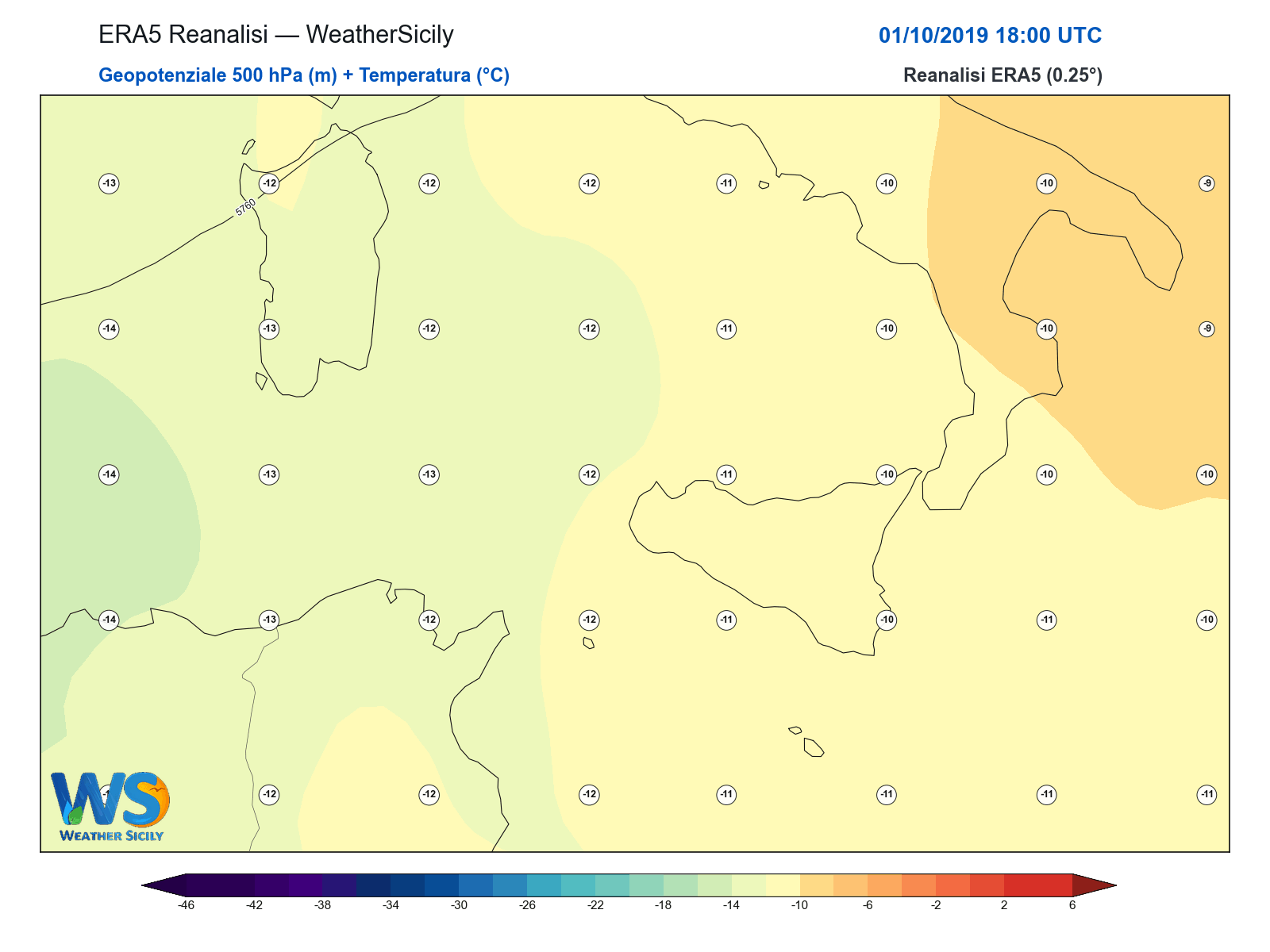 Geopotenziale 500 hPa + Temperatura · 2019100118