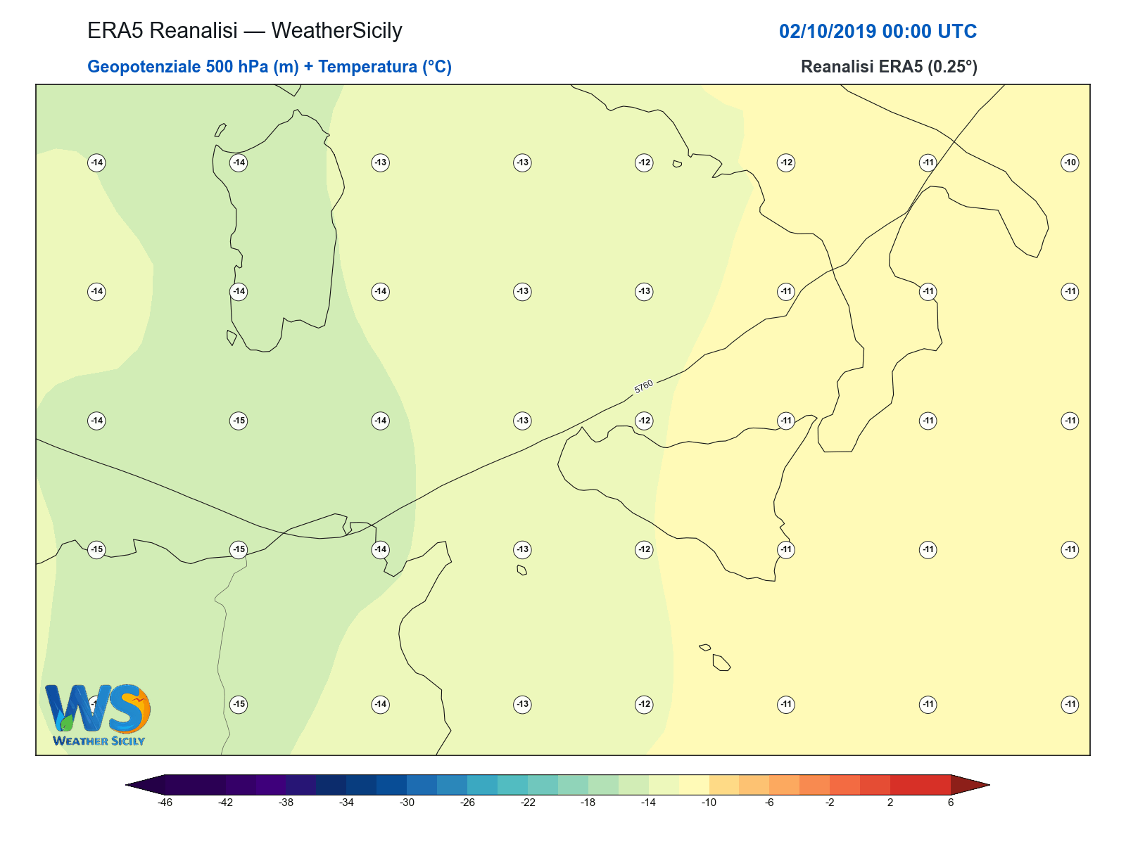 Geopotenziale 500 hPa + Temperatura · 2019100200