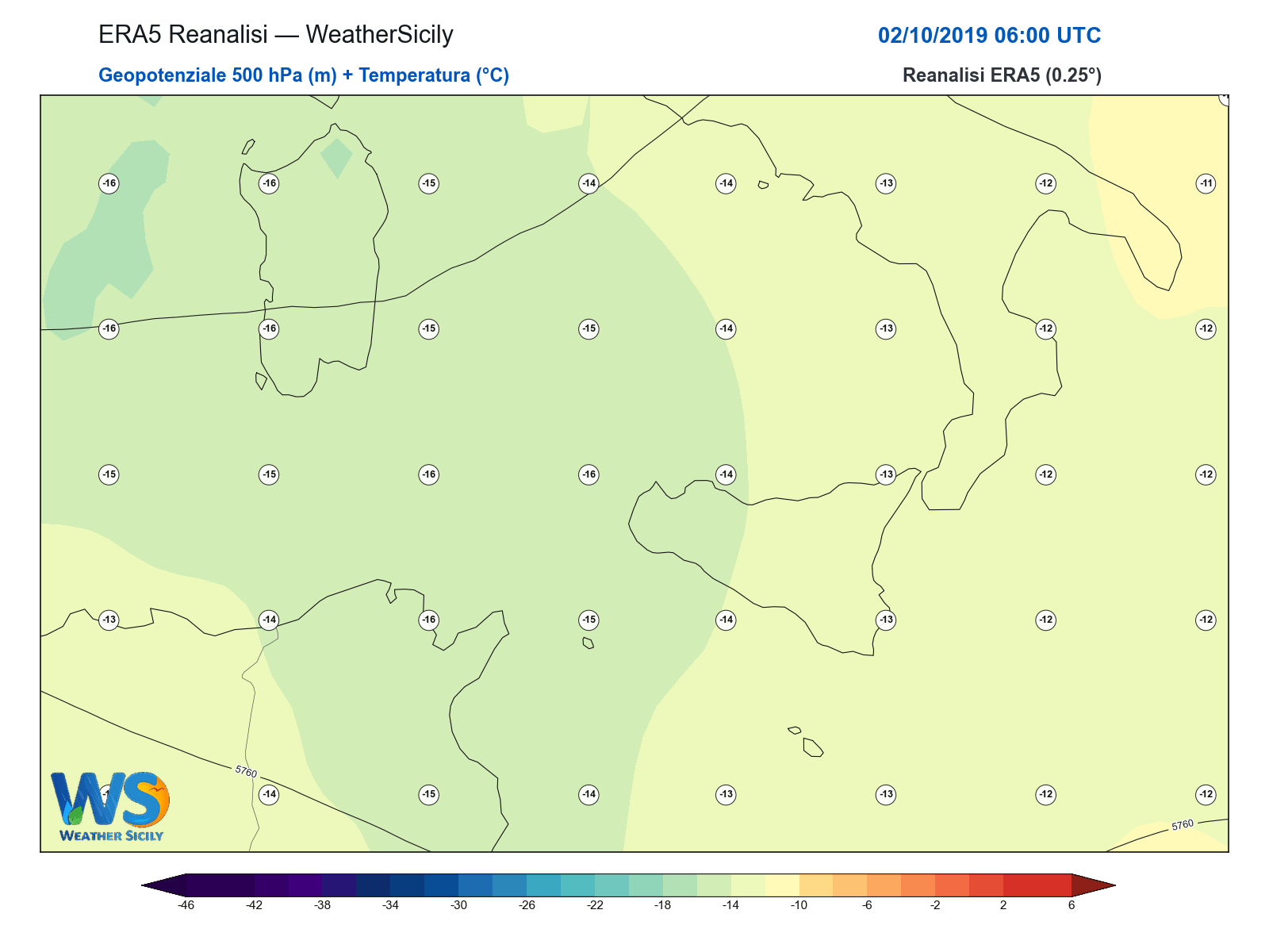 Geopotenziale 500 hPa + Temperatura · 2019100206