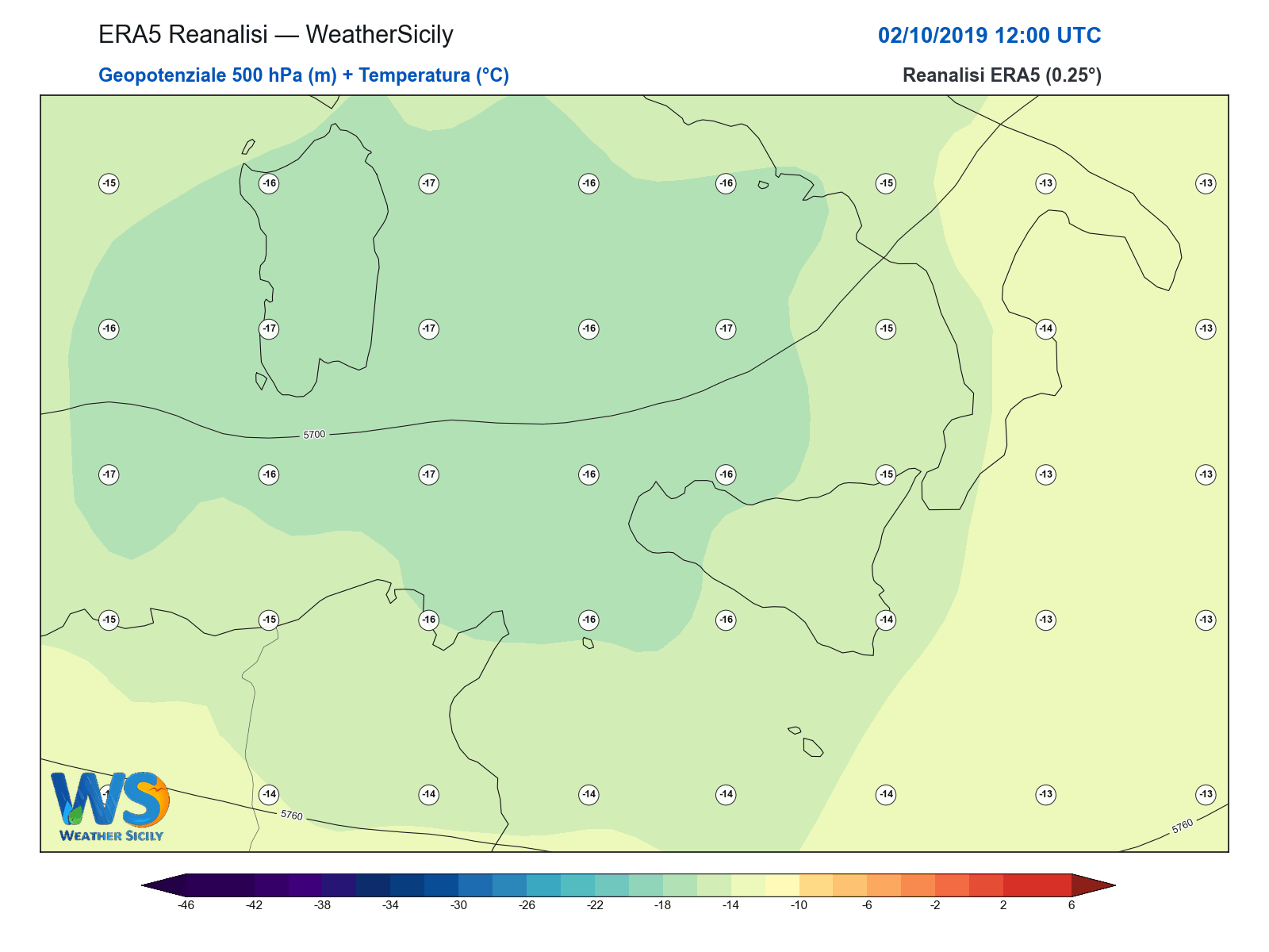 Geopotenziale 500 hPa + Temperatura · 2019100212