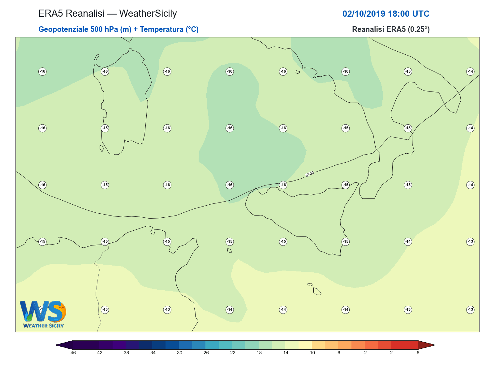 Geopotenziale 500 hPa + Temperatura · 2019100218