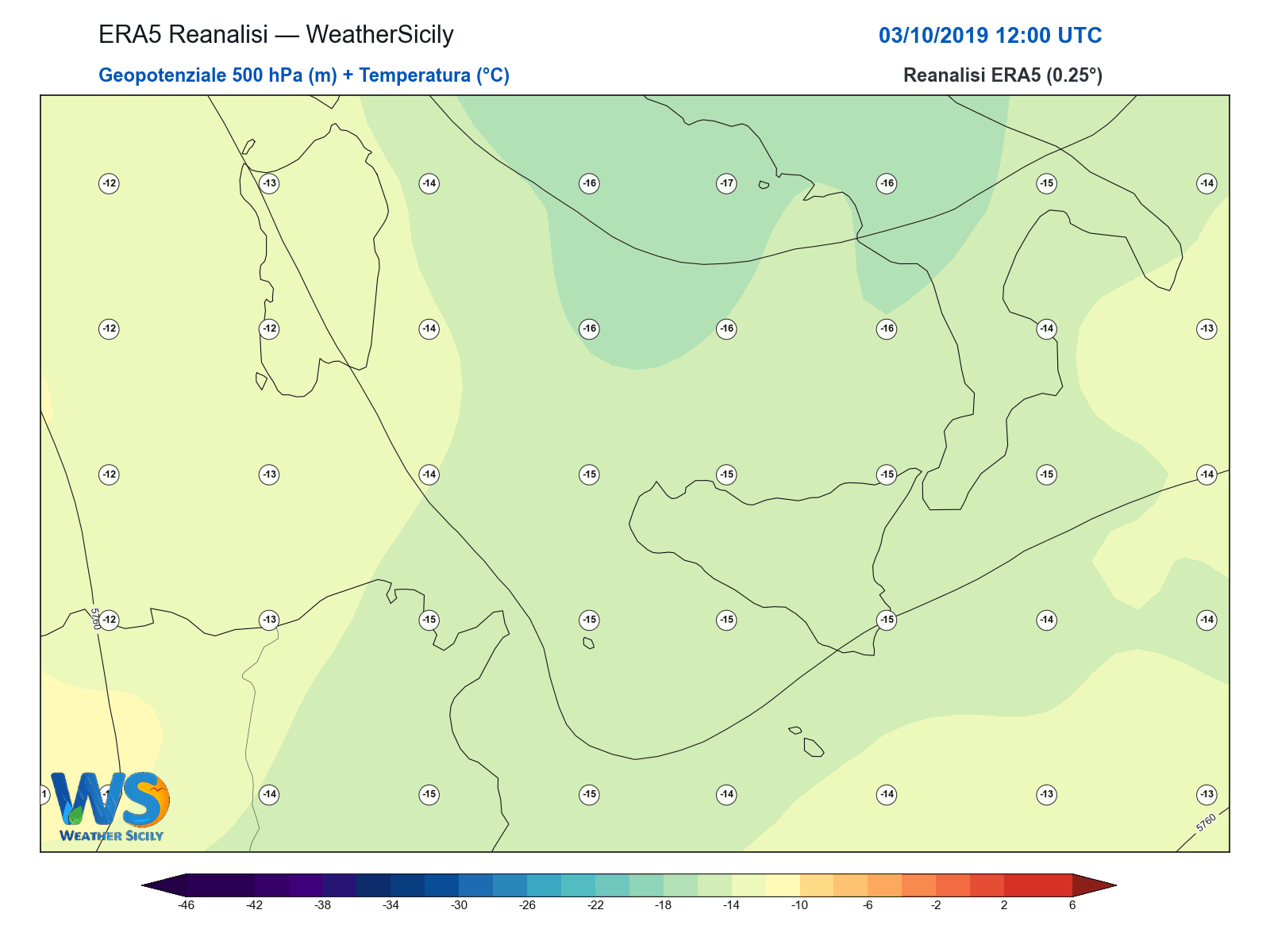Geopotenziale 500 hPa + Temperatura · 2019100312