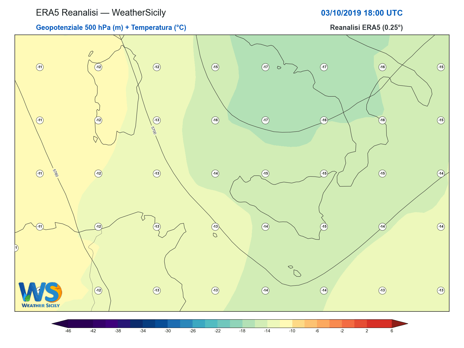 Geopotenziale 500 hPa + Temperatura · 2019100318