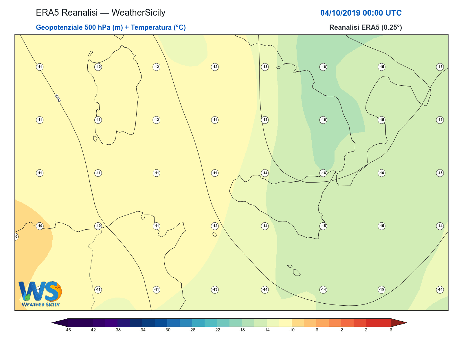 Geopotenziale 500 hPa + Temperatura · 2019100400