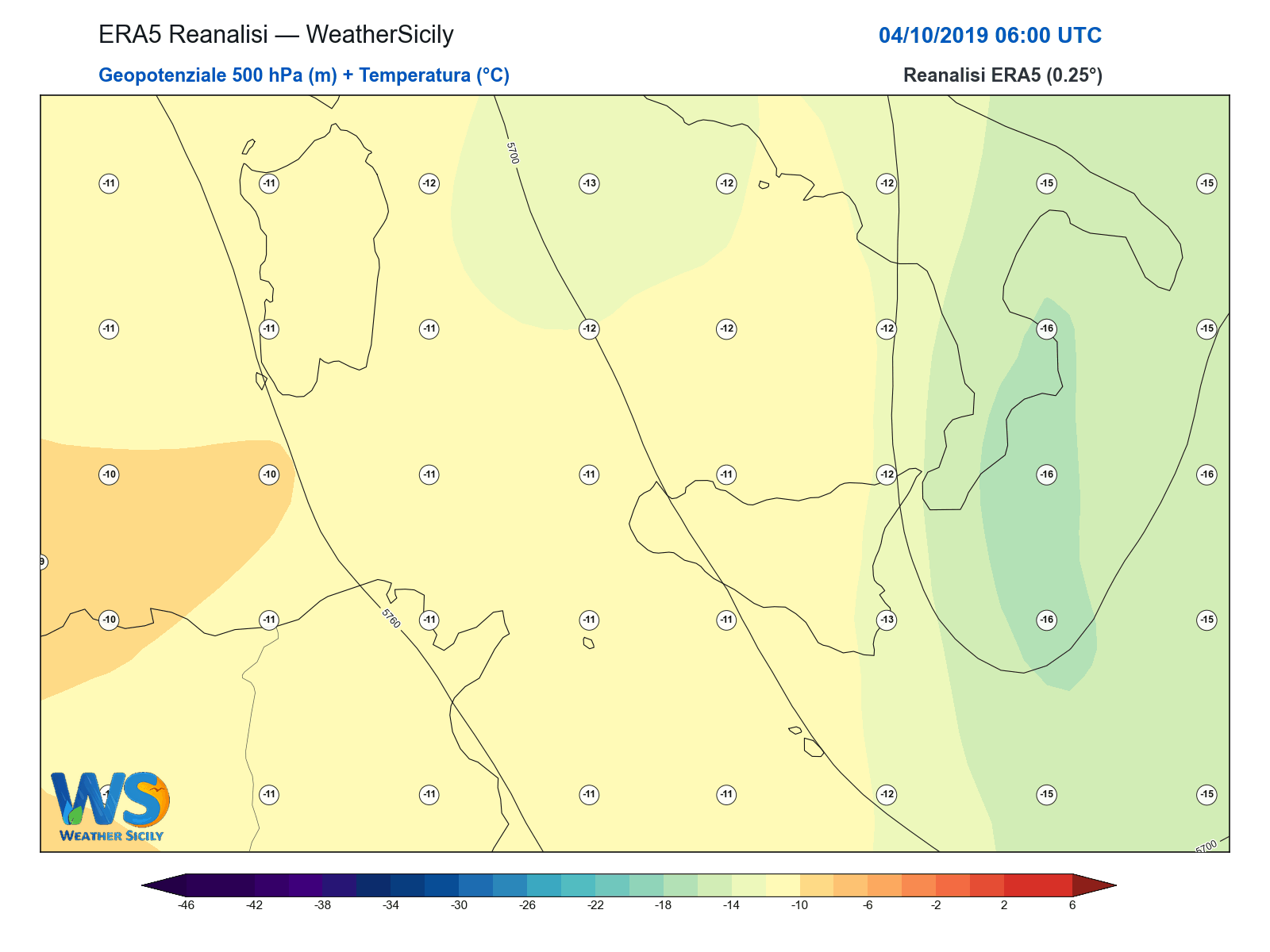Geopotenziale 500 hPa + Temperatura · 2019100406