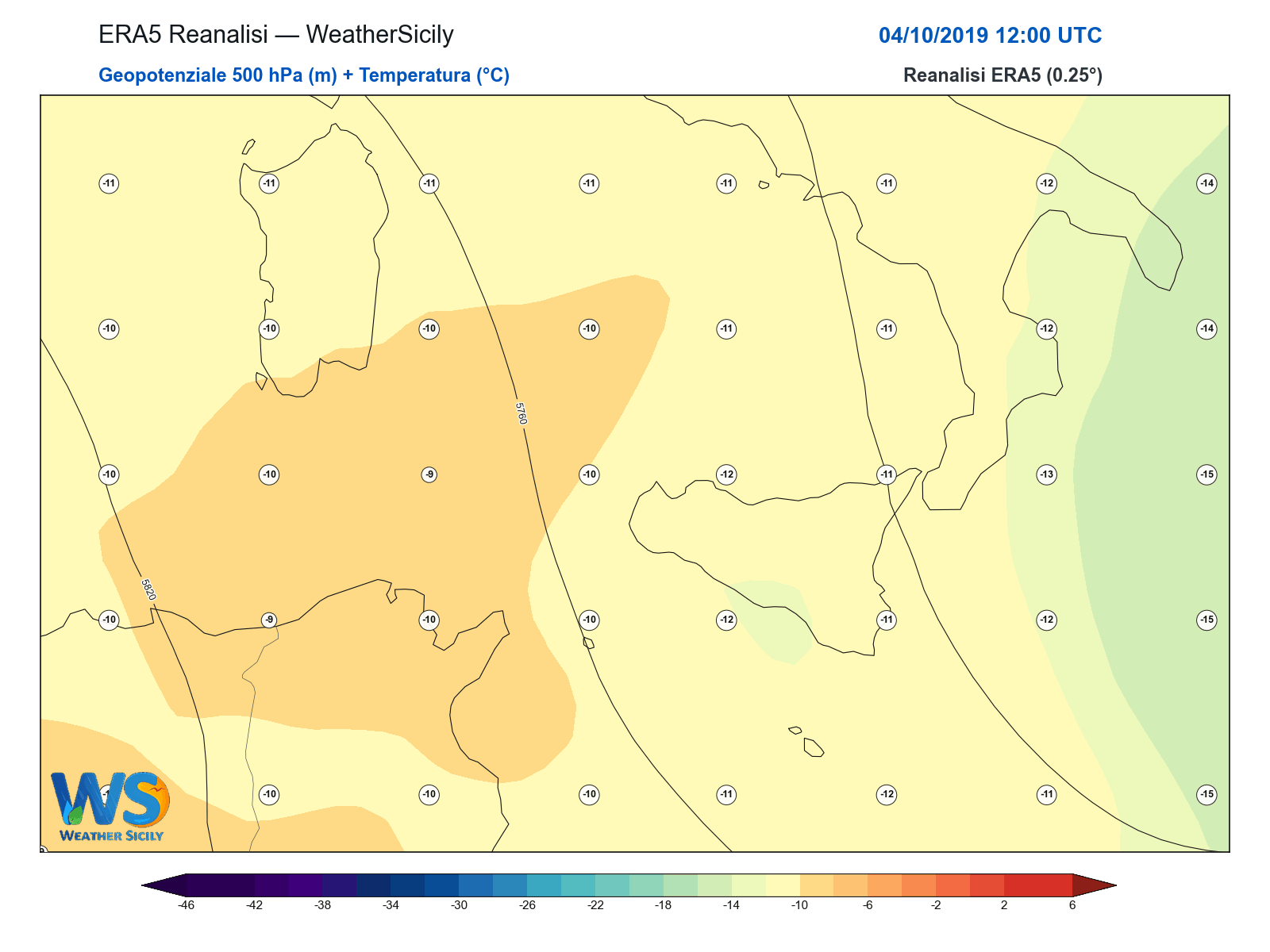 Geopotenziale 500 hPa + Temperatura · 2019100412