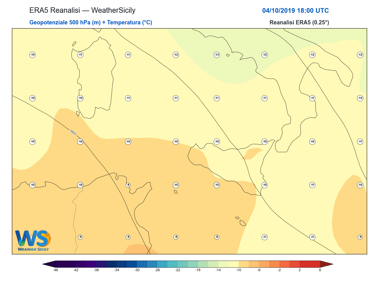Geopotenziale 500 hPa + Temperatura · 2019100418