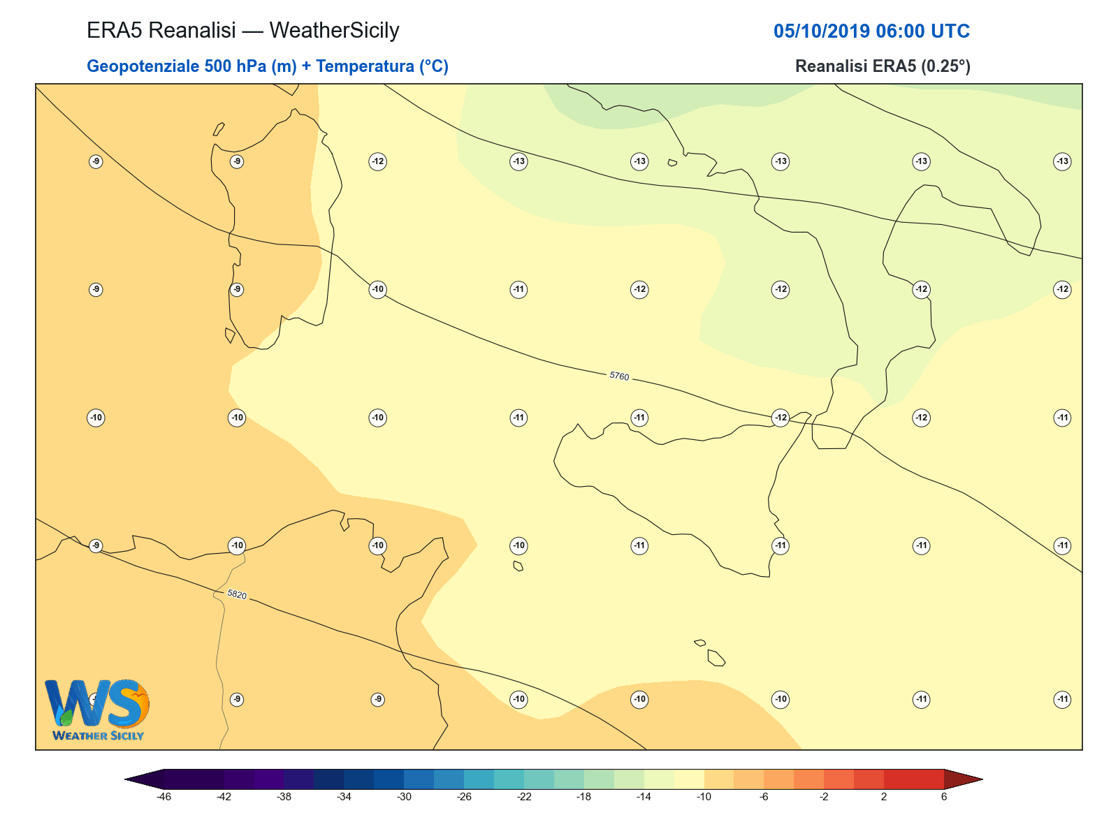 Geopotenziale 500 hPa + Temperatura · 2019100506