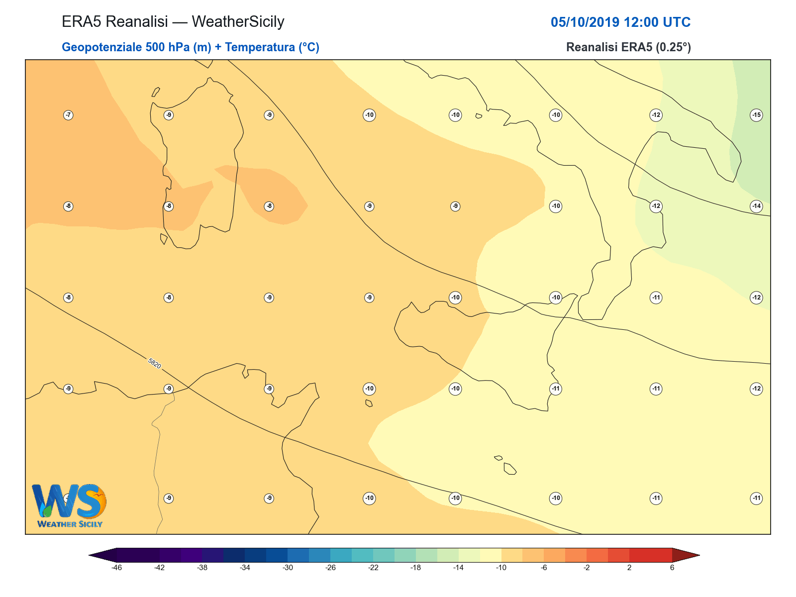 Geopotenziale 500 hPa + Temperatura · 2019100512