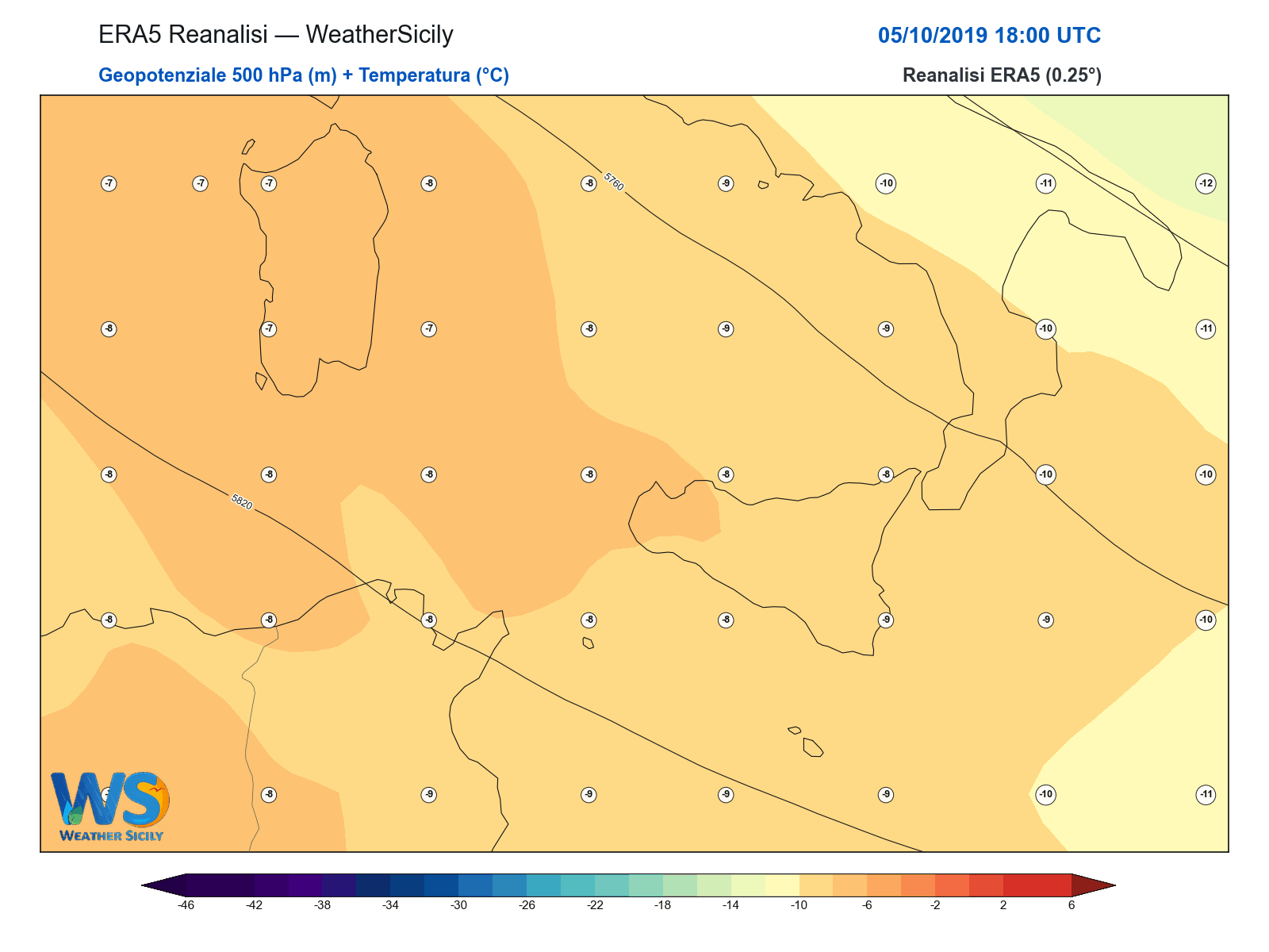 Geopotenziale 500 hPa + Temperatura · 2019100518