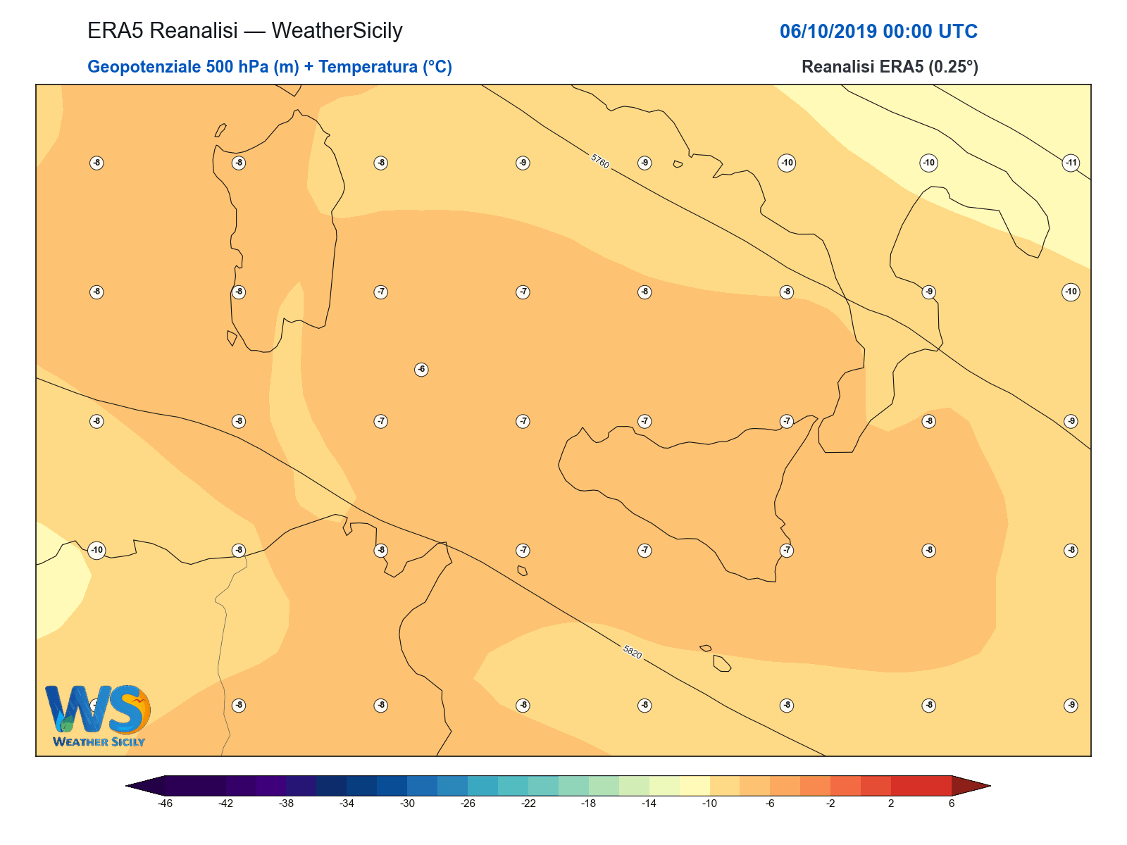 Geopotenziale 500 hPa + Temperatura · 2019100600