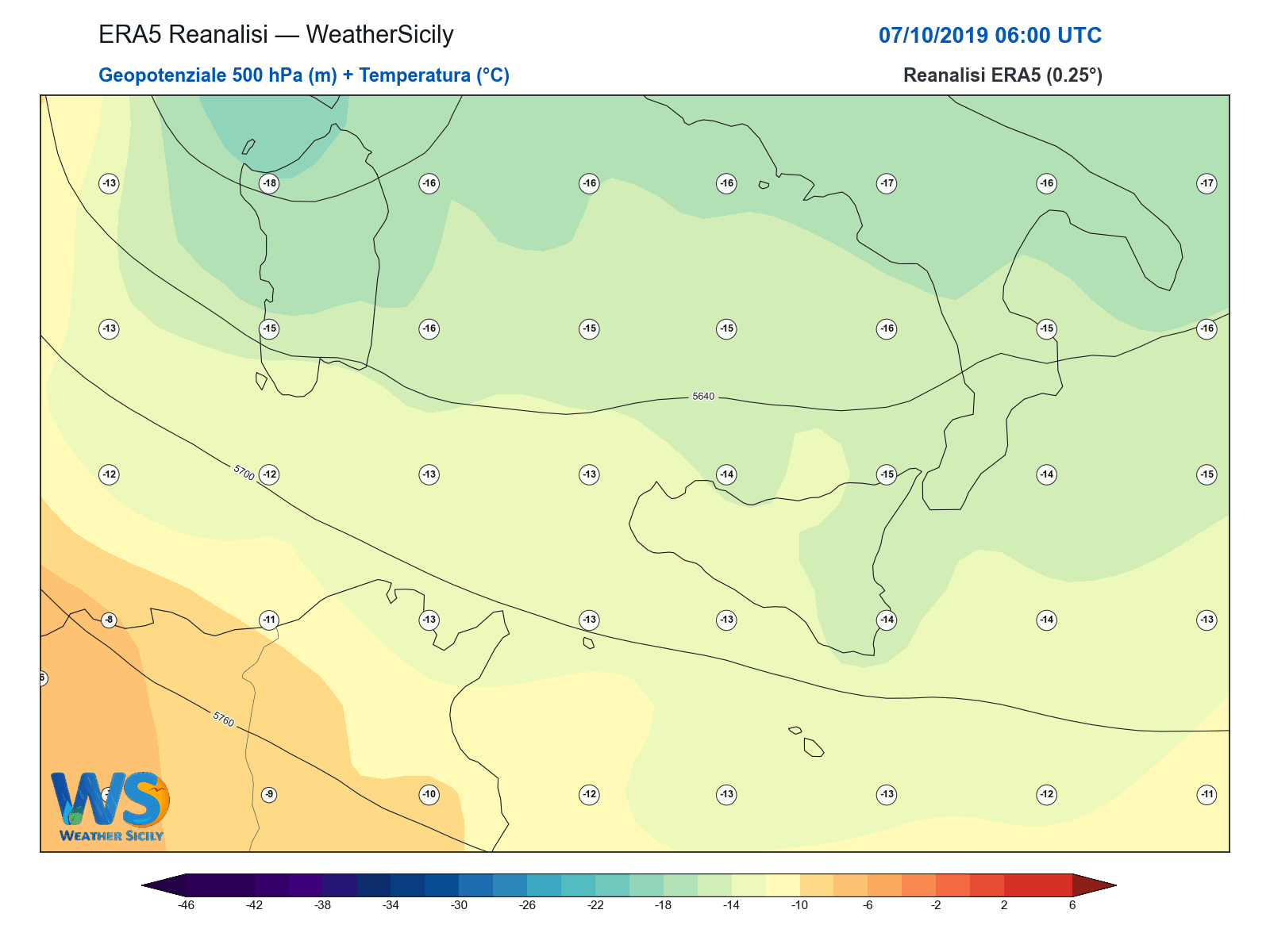 Geopotenziale 500 hPa + Temperatura · 2019100706