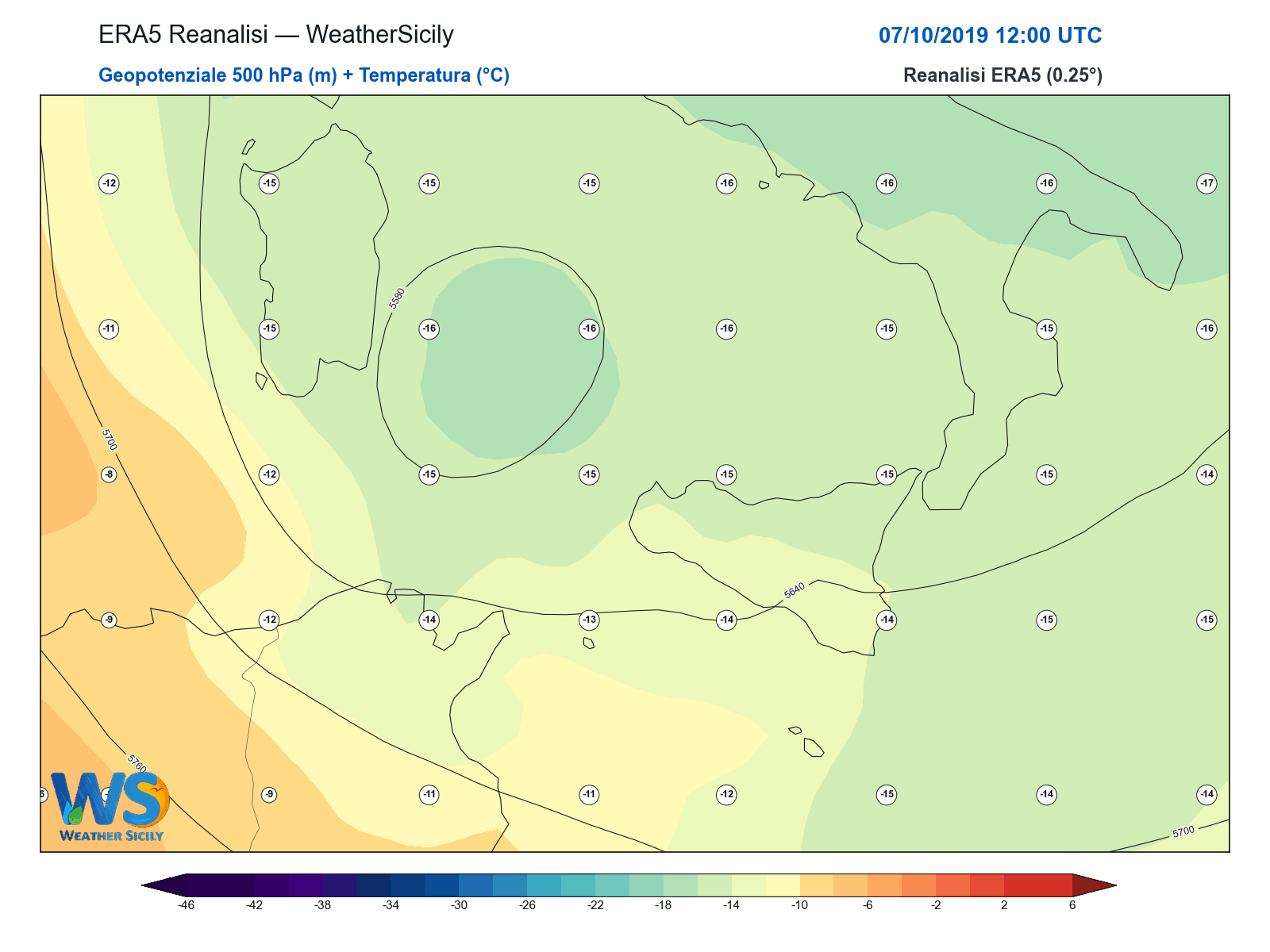 Geopotenziale 500 hPa + Temperatura · 2019100712