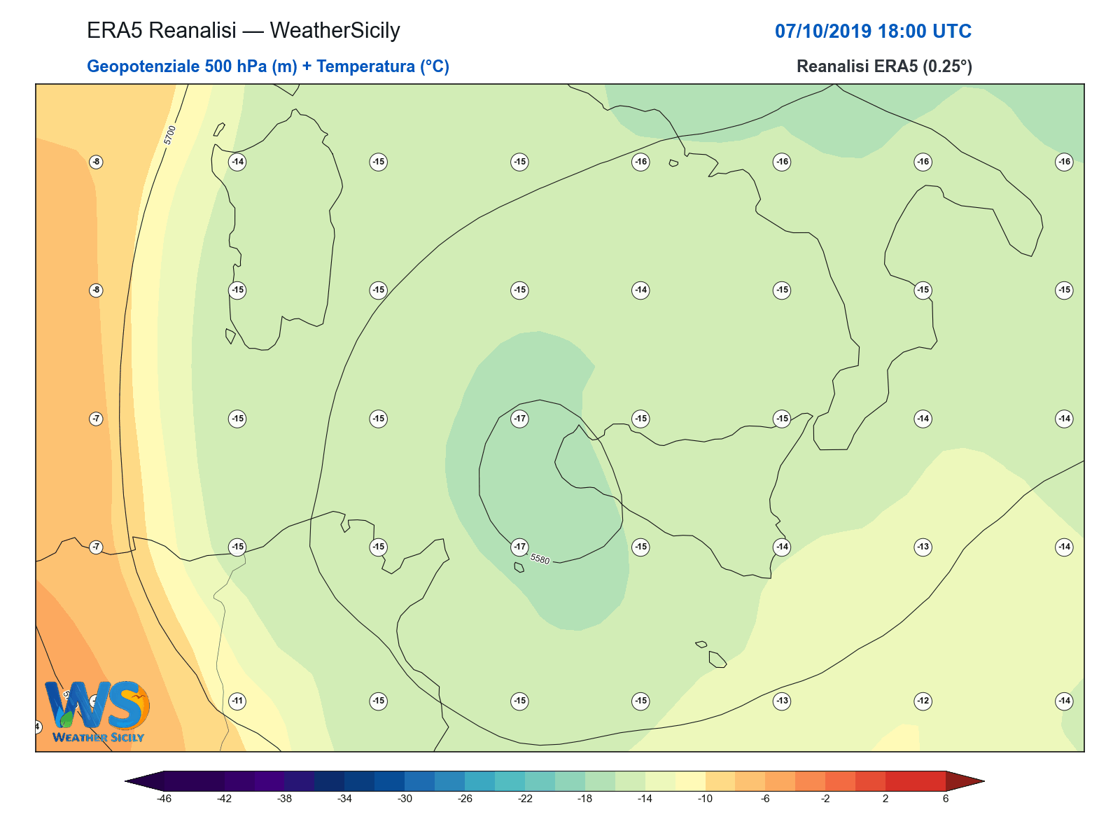 Geopotenziale 500 hPa + Temperatura · 2019100718