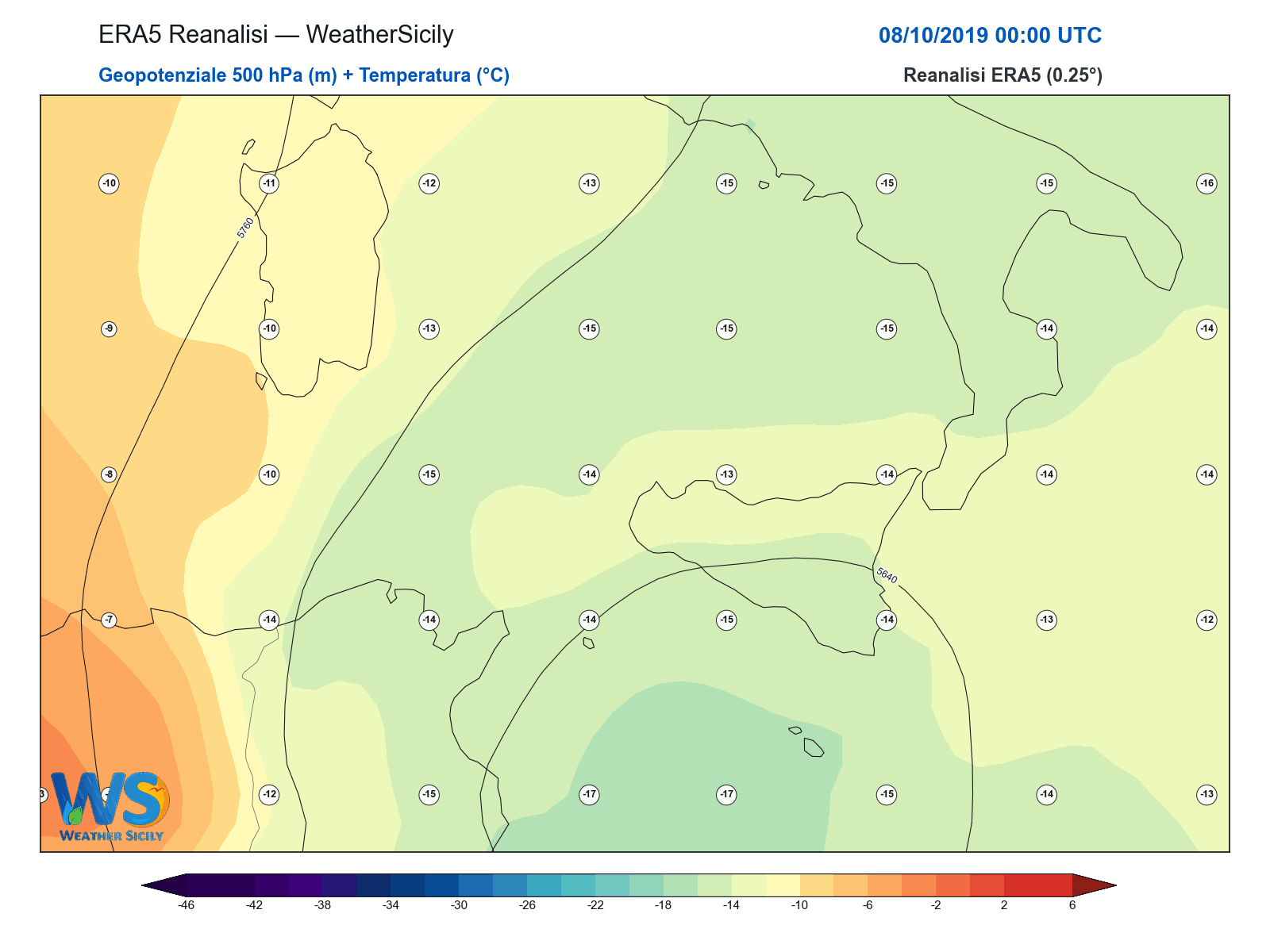 Geopotenziale 500 hPa + Temperatura · 2019100800