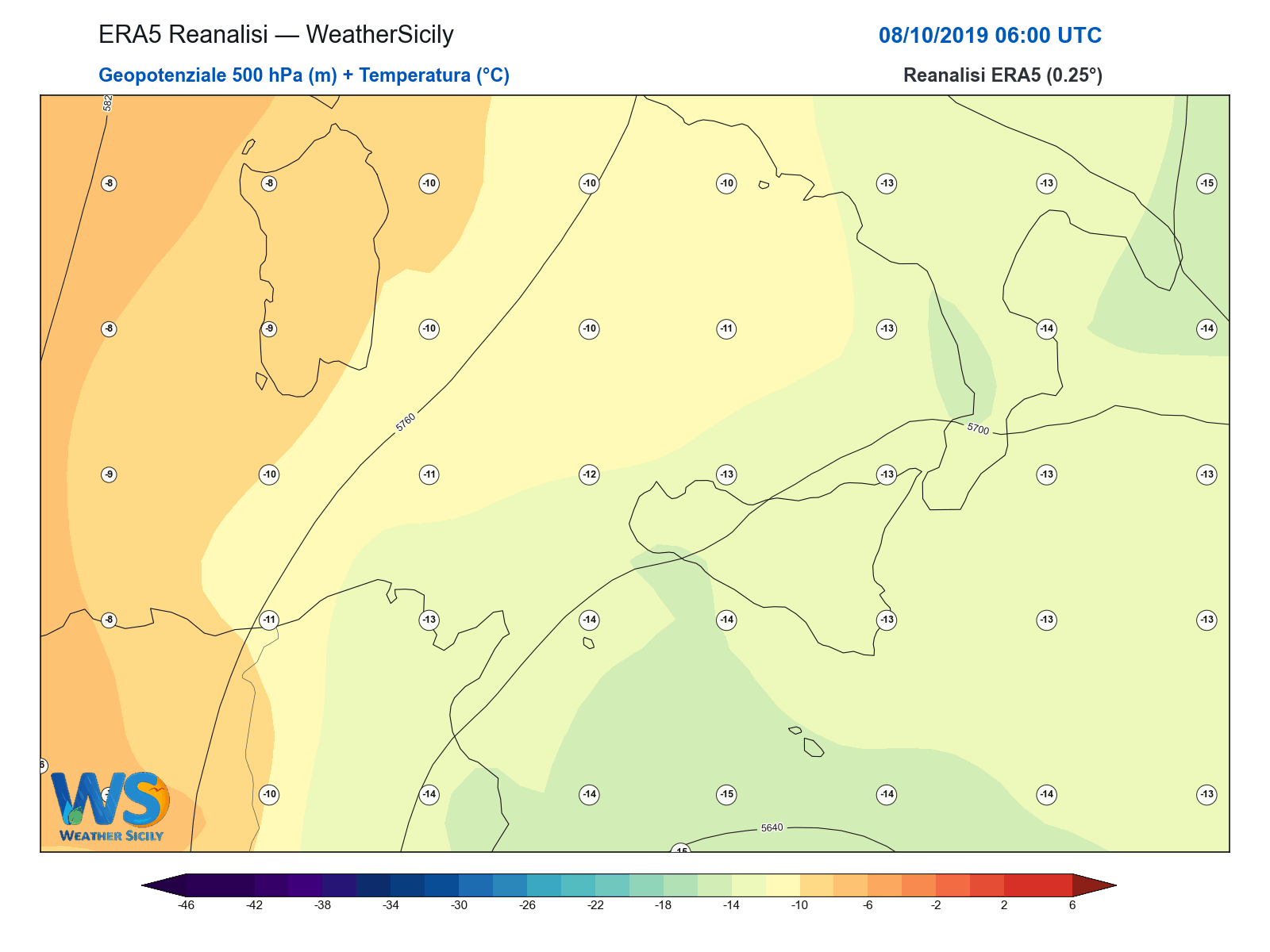 Geopotenziale 500 hPa + Temperatura · 2019100806