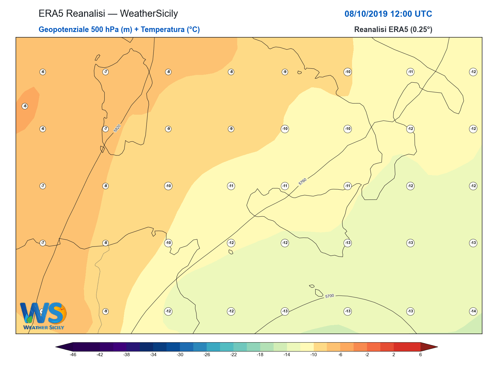 Geopotenziale 500 hPa + Temperatura · 2019100812