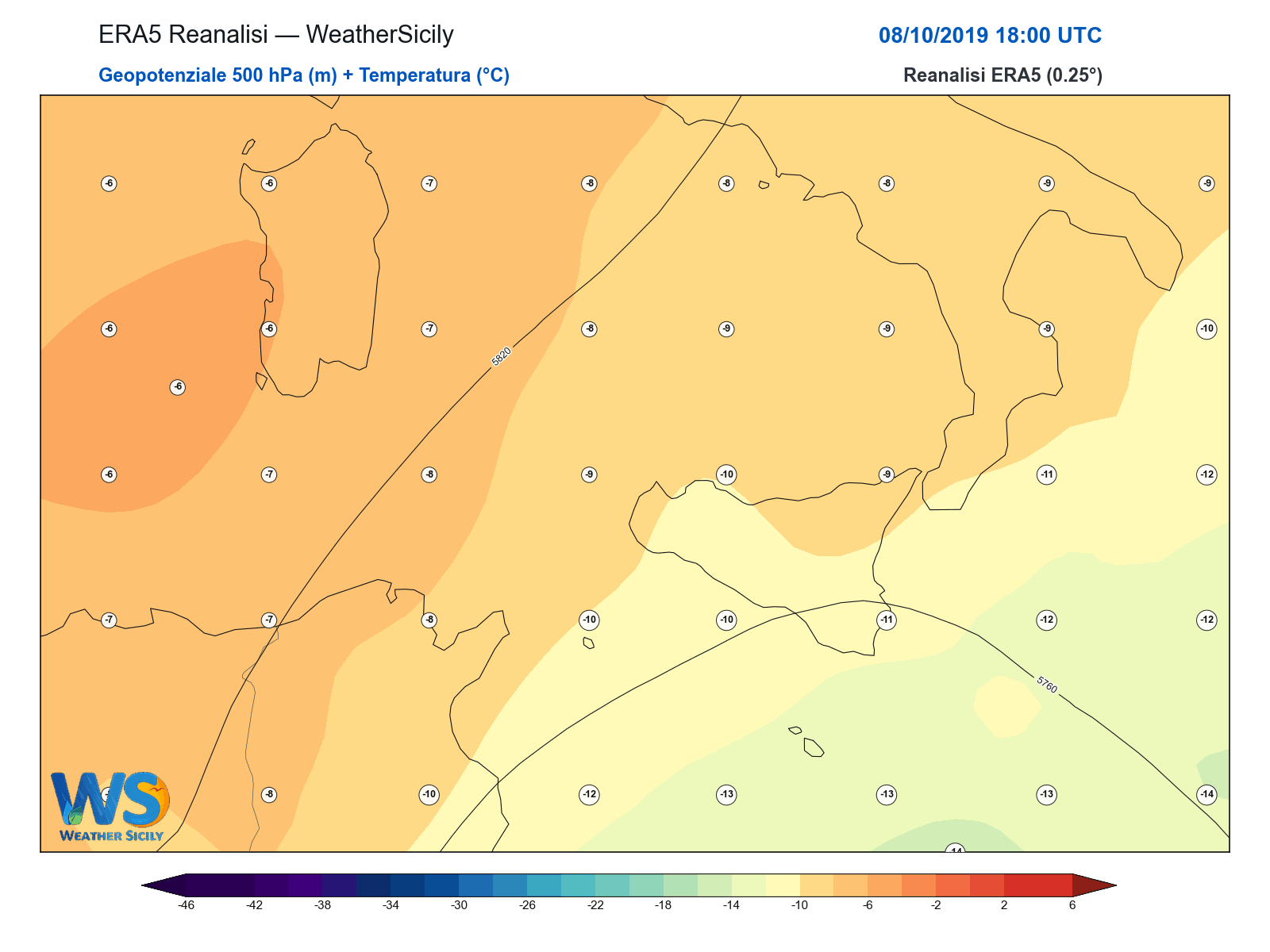 Geopotenziale 500 hPa + Temperatura · 2019100818