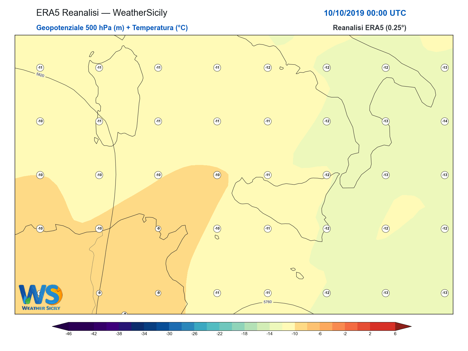 Geopotenziale 500 hPa + Temperatura · 2019101000