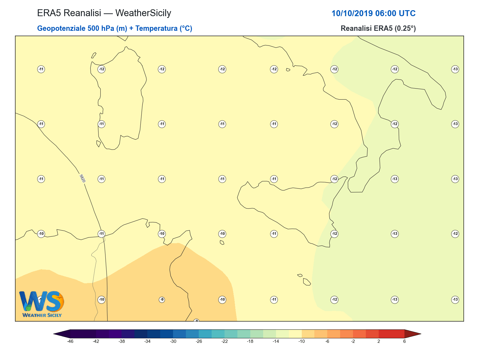 Geopotenziale 500 hPa + Temperatura · 2019101006