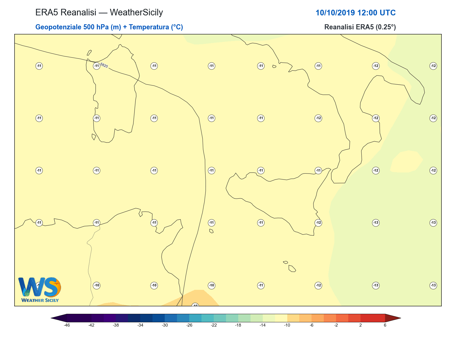 Geopotenziale 500 hPa + Temperatura · 2019101012