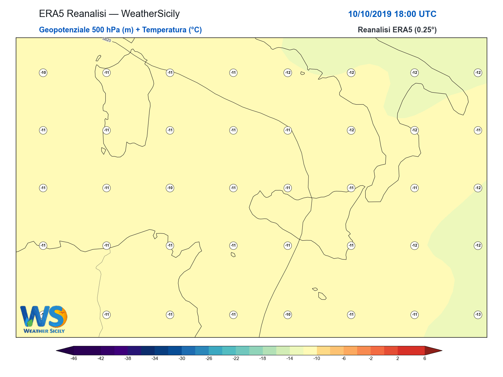 Geopotenziale 500 hPa + Temperatura · 2019101018