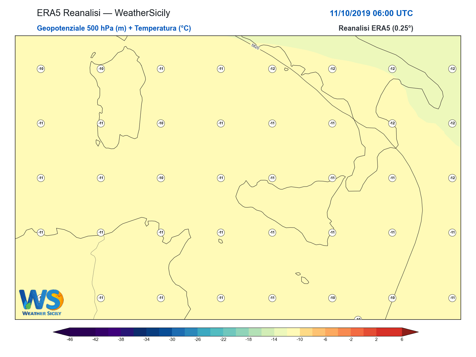 Geopotenziale 500 hPa + Temperatura · 2019101106