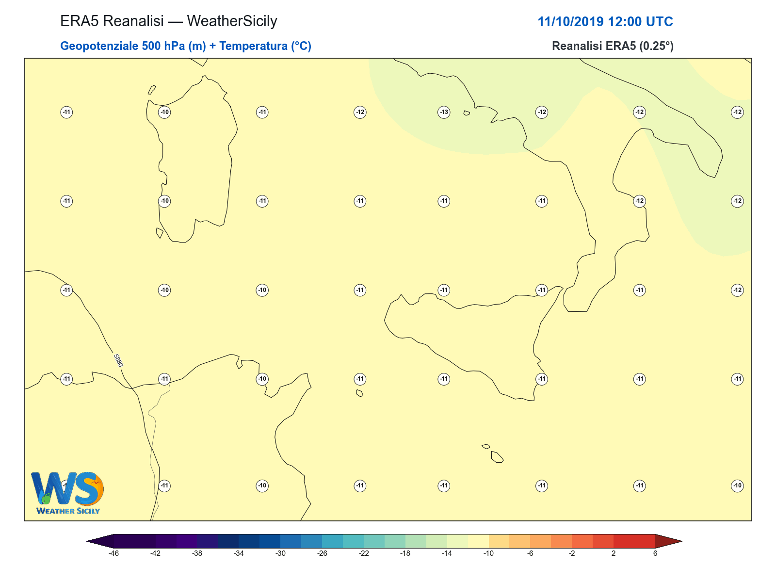 Geopotenziale 500 hPa + Temperatura · 2019101112
