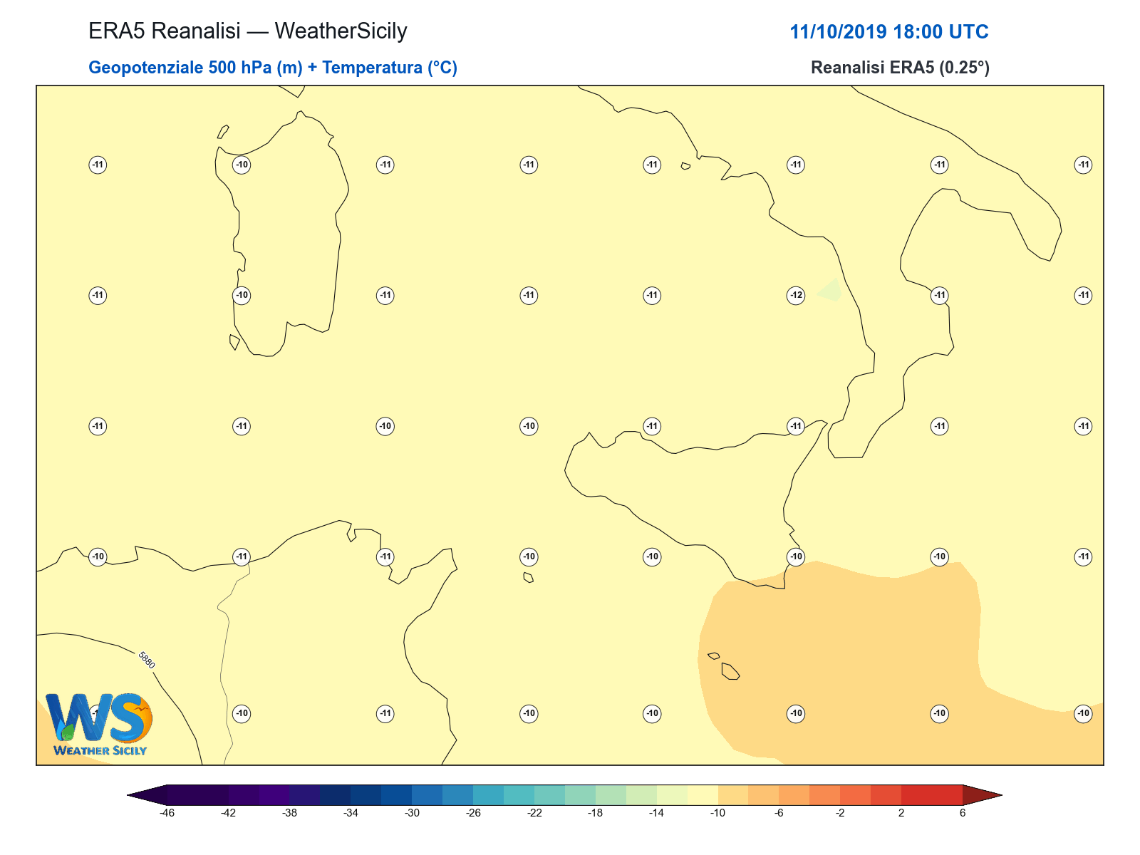 Geopotenziale 500 hPa + Temperatura · 2019101118