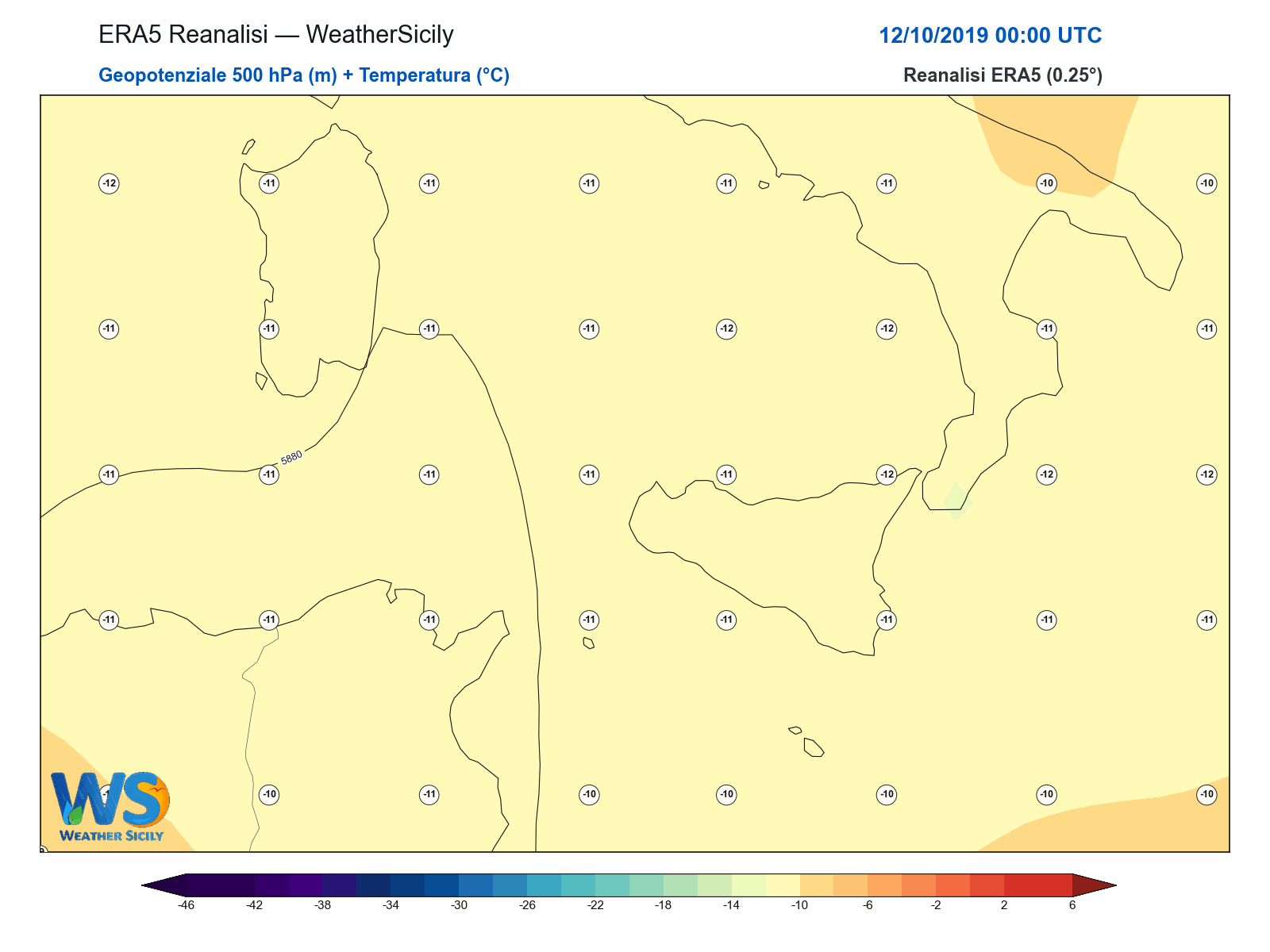Geopotenziale 500 hPa + Temperatura · 2019101200