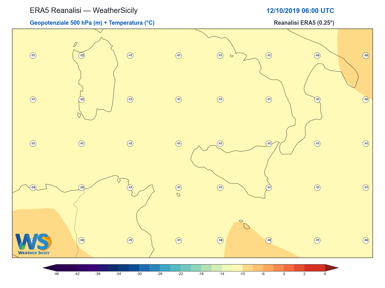 Geopotenziale 500 hPa + Temperatura · 2019101206