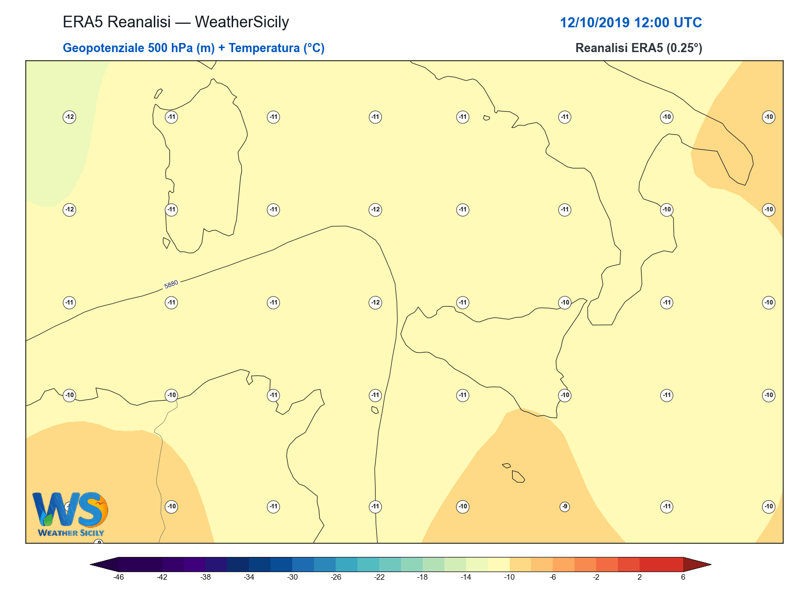 Geopotenziale 500 hPa + Temperatura · 2019101212