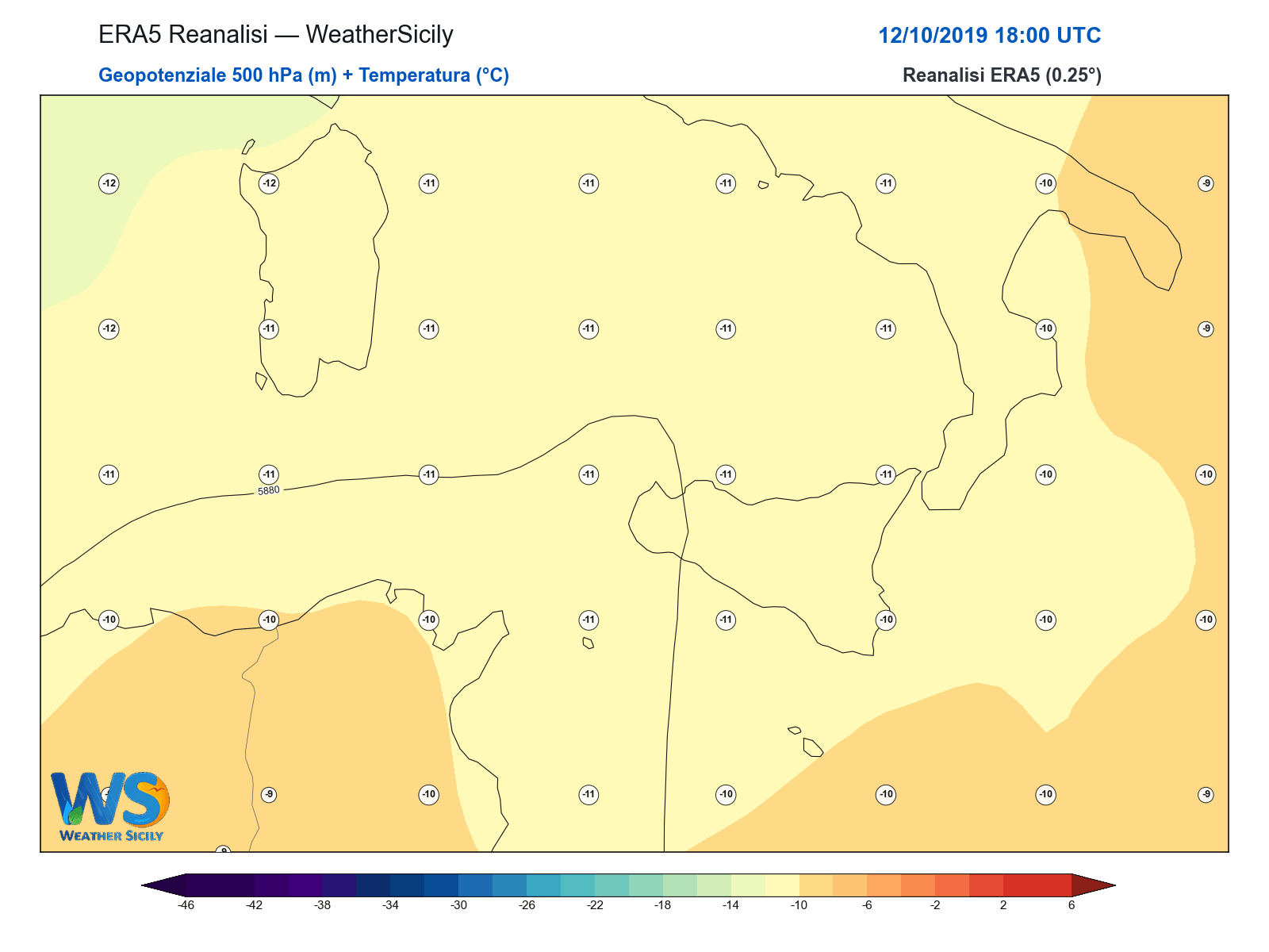 Geopotenziale 500 hPa + Temperatura · 2019101218