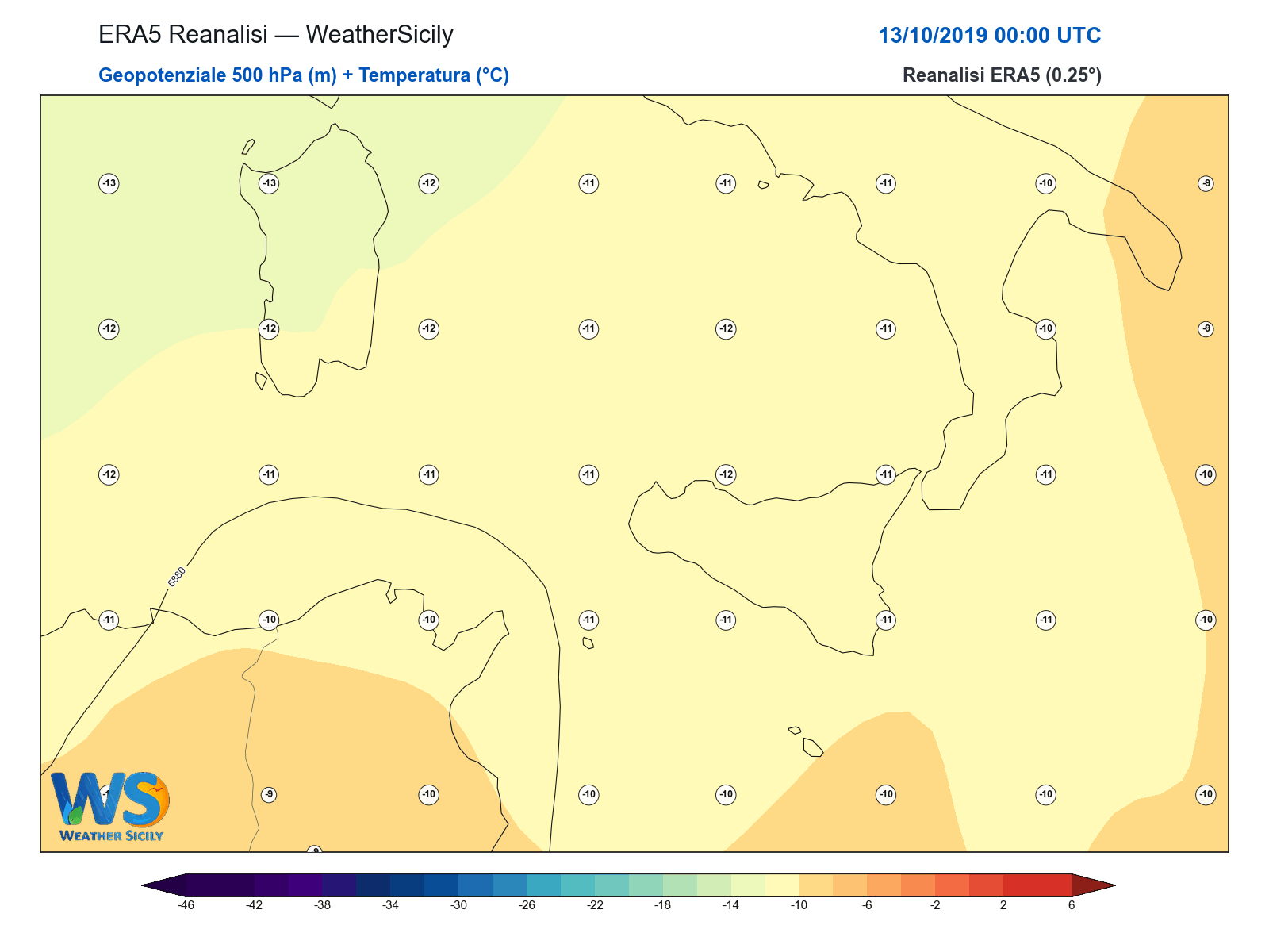 Geopotenziale 500 hPa + Temperatura · 2019101300