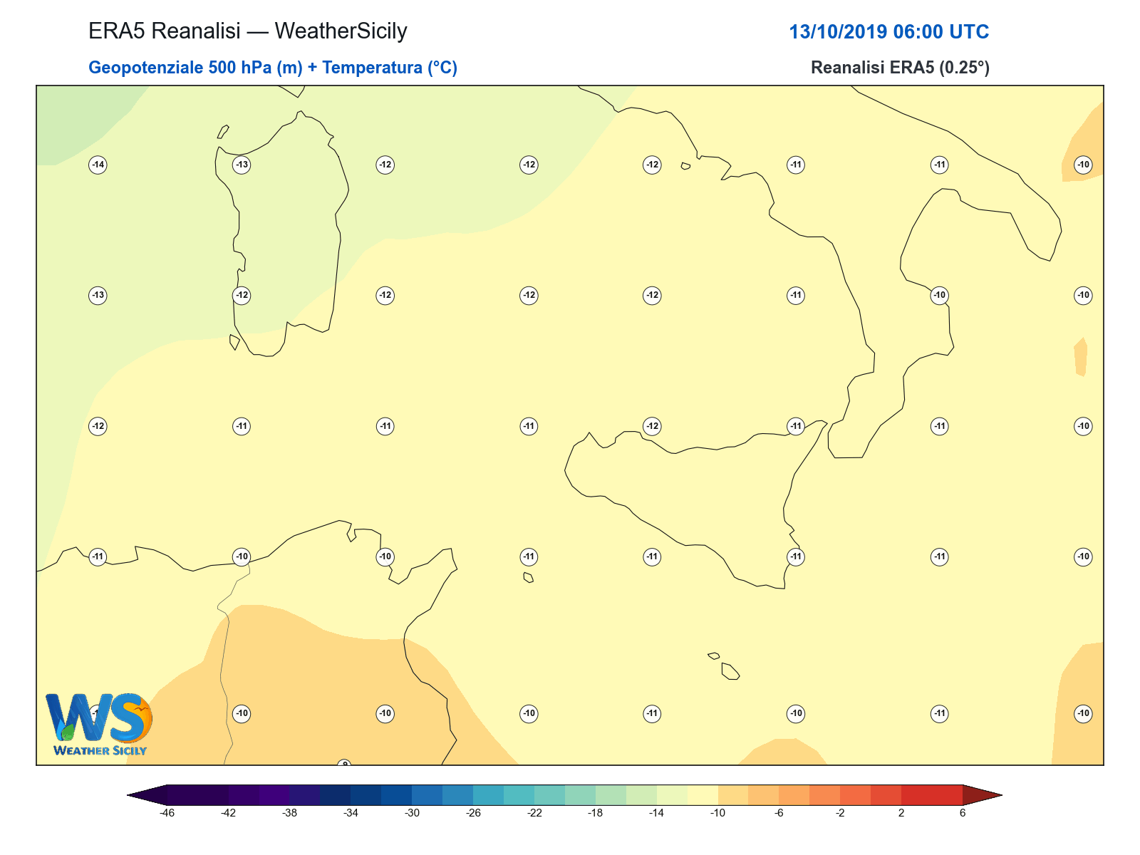 Geopotenziale 500 hPa + Temperatura · 2019101306