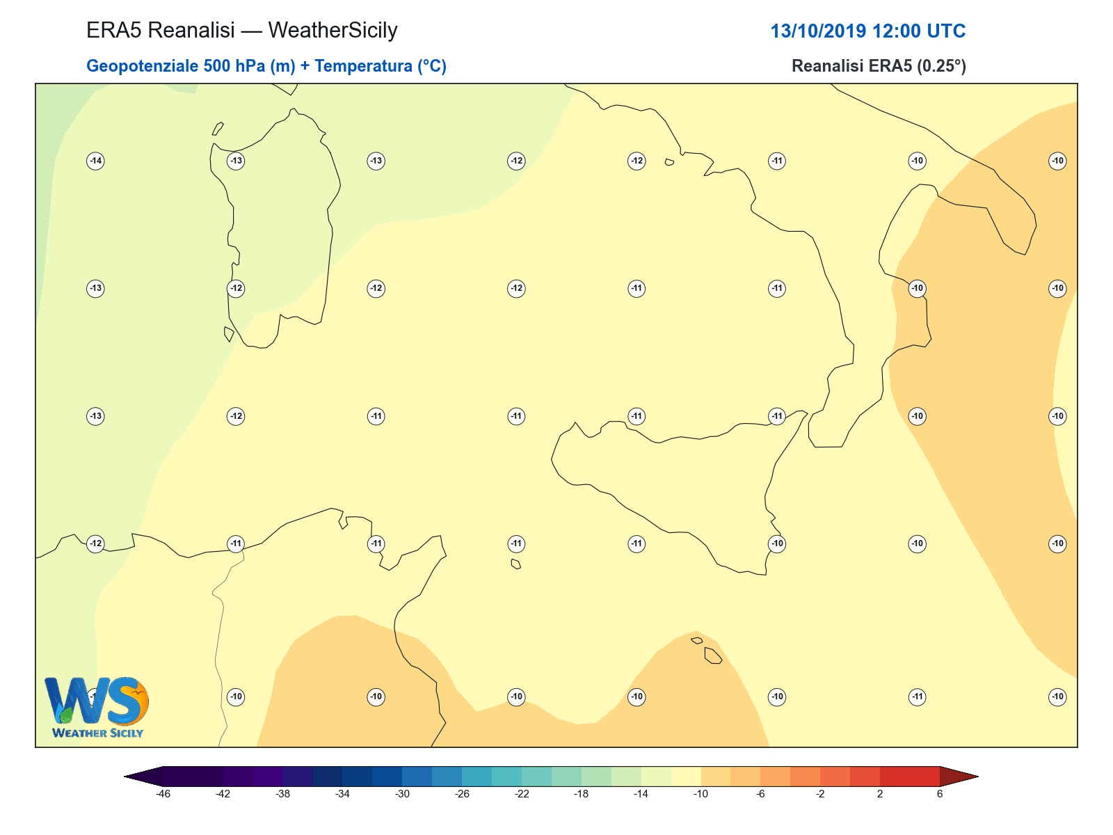 Geopotenziale 500 hPa + Temperatura · 2019101312