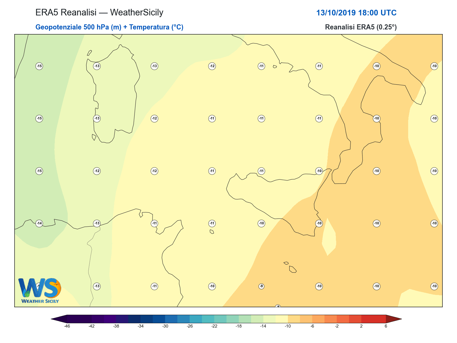 Geopotenziale 500 hPa + Temperatura · 2019101318