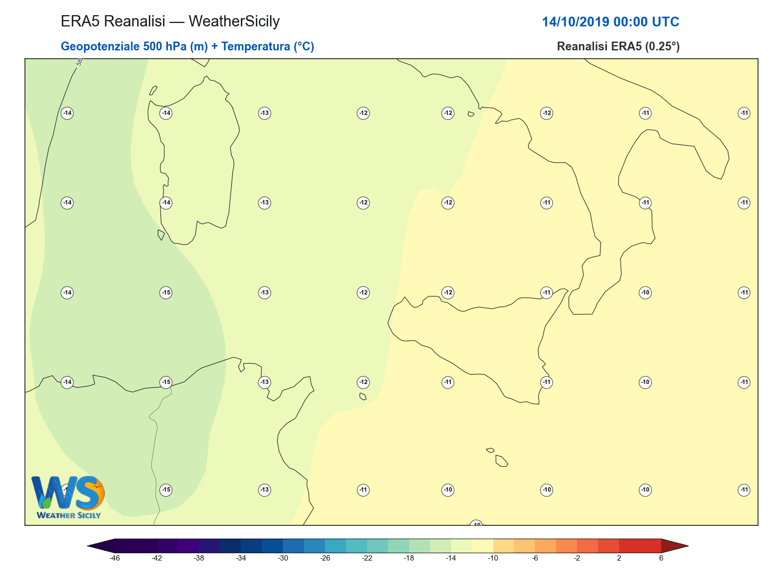 Geopotenziale 500 hPa + Temperatura · 2019101400