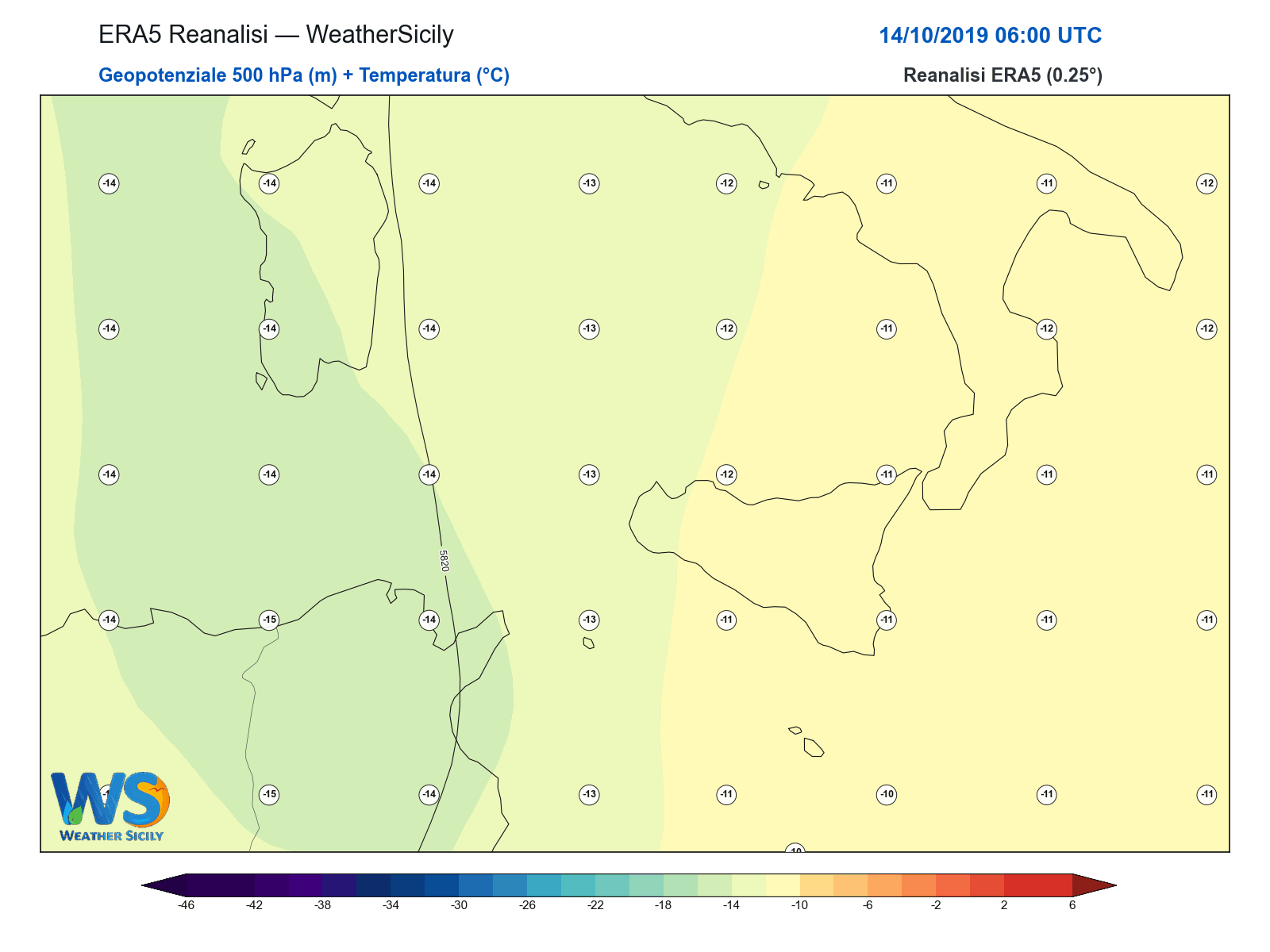 Geopotenziale 500 hPa + Temperatura · 2019101406