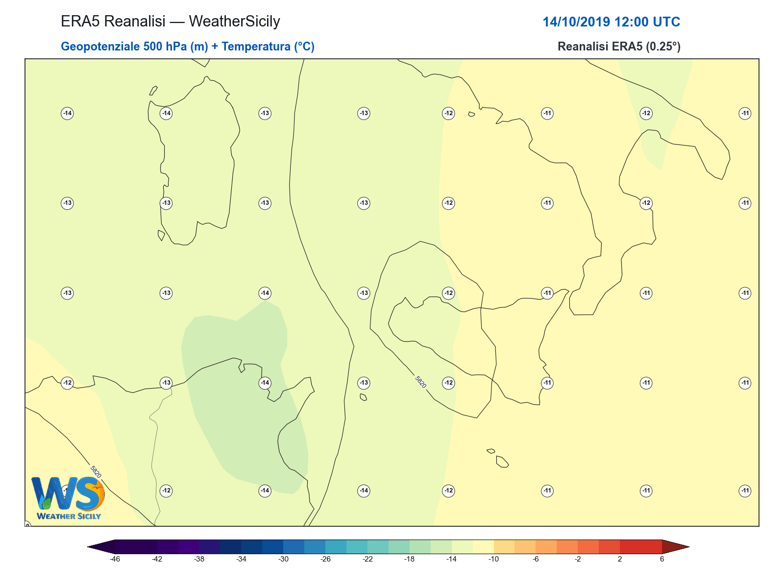 Geopotenziale 500 hPa + Temperatura · 2019101412