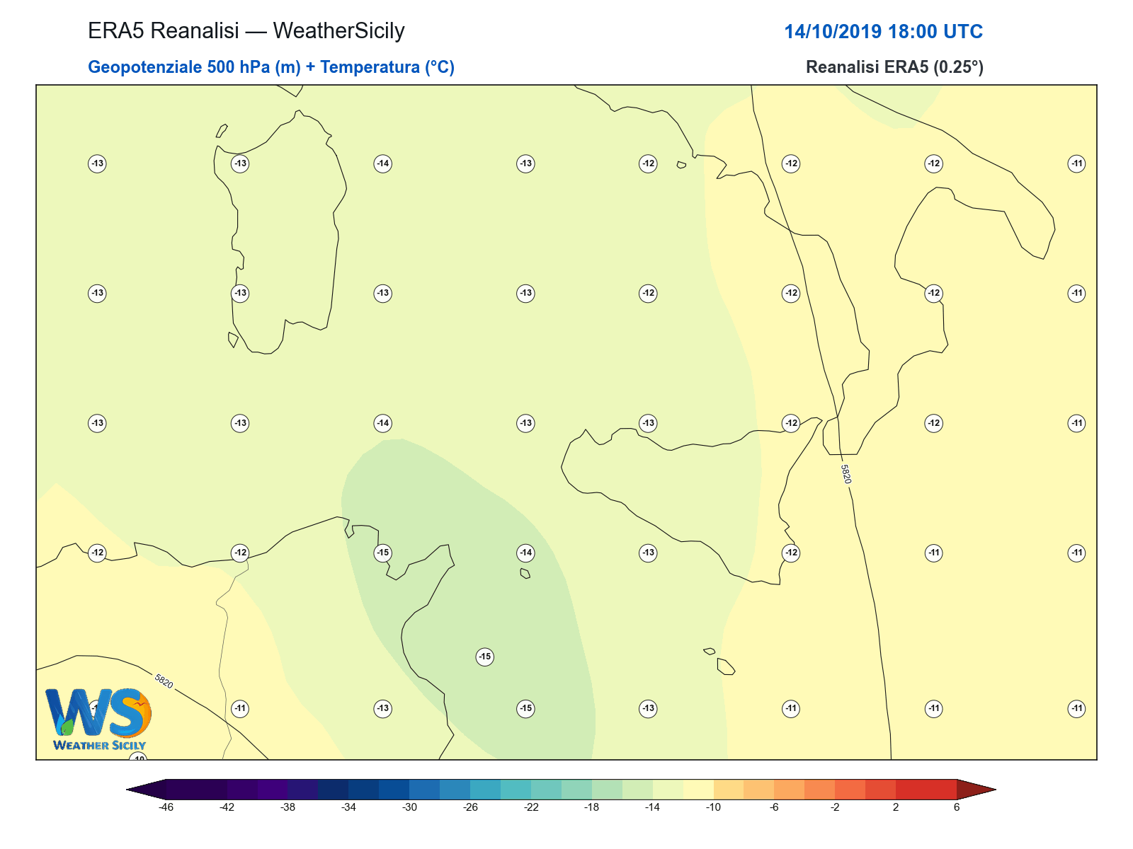 Geopotenziale 500 hPa + Temperatura · 2019101418